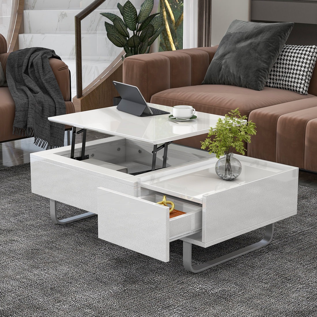 Multi Functional Coffee Table With Lifted Tabletop, Contemporary Cocktail Table With Metal Frame Legs, High Gloss Surface Dining Table For Living Room, White White Soft Close Drawers Primary Living Space Contemporary Manual Freestanding Rectangular Hutch