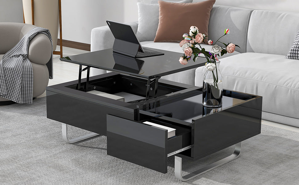 Multi Functional Coffee Table With Lifted Tabletop, Contemporary Cocktail Table With Metal Frame Legs, High Gloss Surface Dining Table For Living Room, Black Black Soft Close Drawers Primary Living Space Contemporary Manual Freestanding Rectangular Hutch