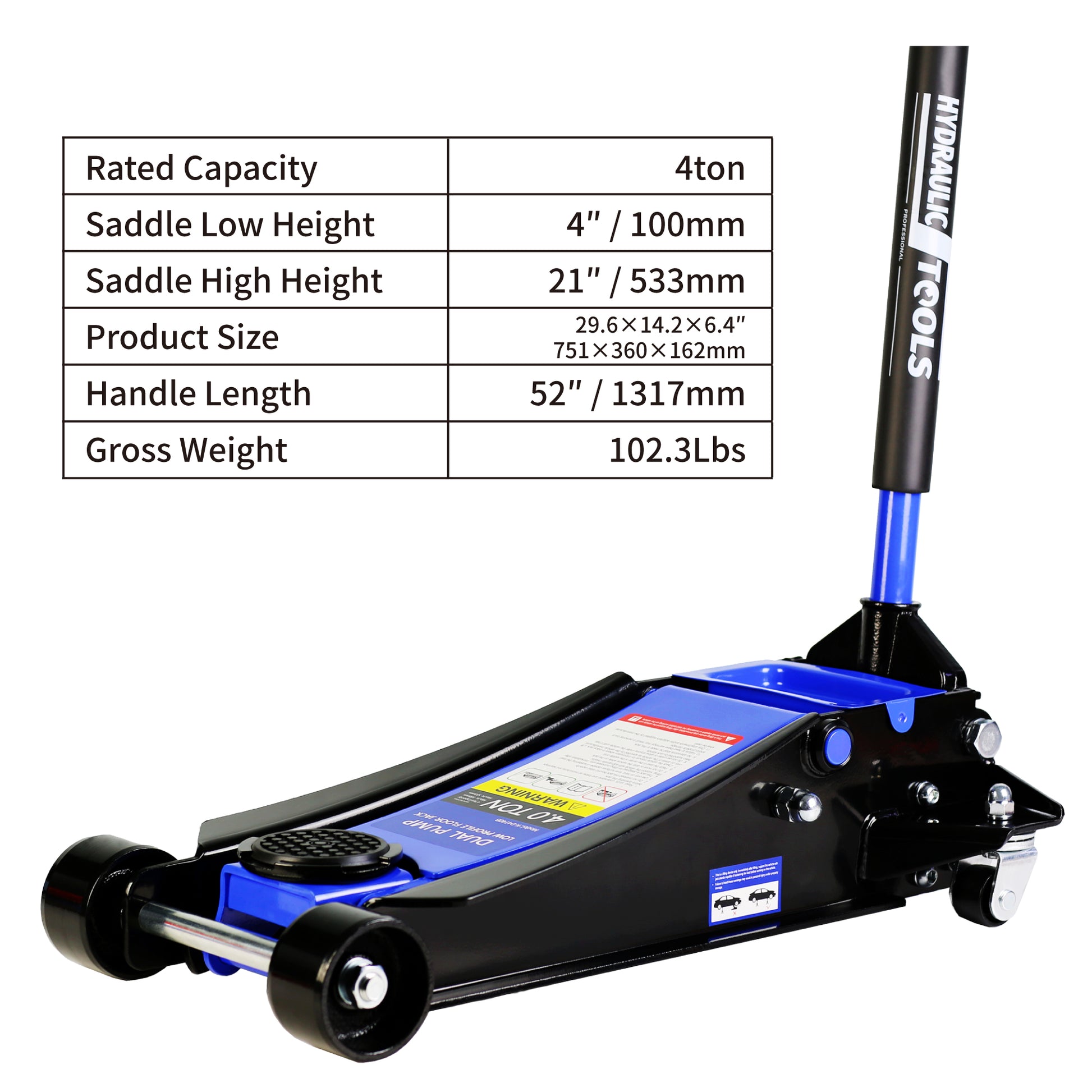 Floor Jack, 4 Ton Low Profile Floor Jack, Heavy Duty Steel Racing Floor Jack With Dual Piston Quick Lift Pump, Floor Jack Lifting Range 4" 21" Black Blue Steel