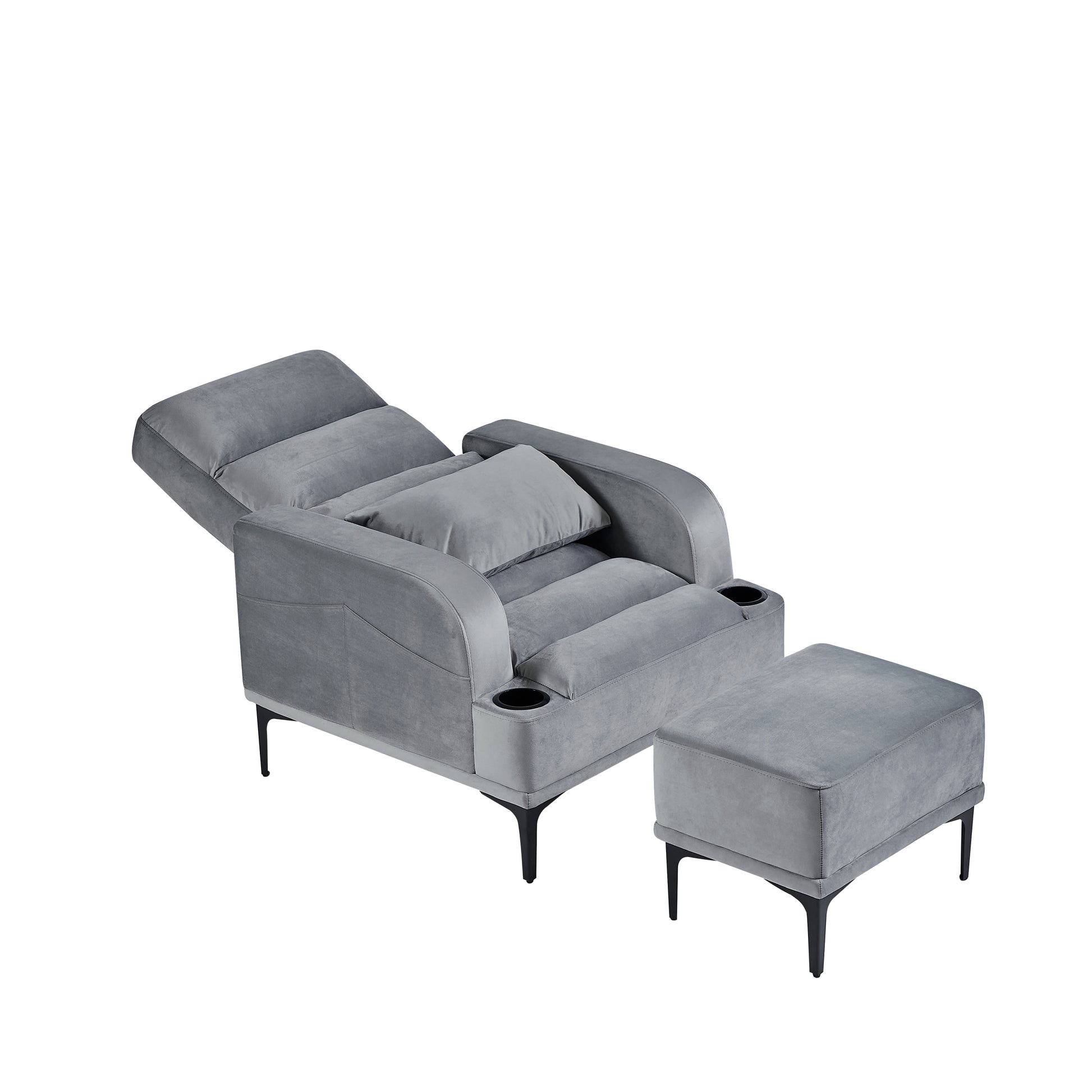 Accent Chairs With Ottoman, Velvet Fabric Armchair With Ottoman For Bedroom Living Room, Modern Chair With Cup Holder, Adjustable Backrest And Side Pockets. Gray Foam Velvet