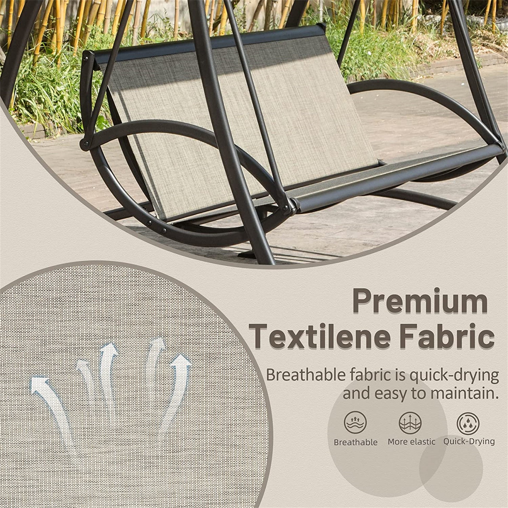 3 Seat Patio Swing Chair, Outdoor Porch Swing With Adjustable Canopy And Durable Steel Frame, Patio Swing Glider For Garden, Deck, Porch, Backyard Dark Brown Steel