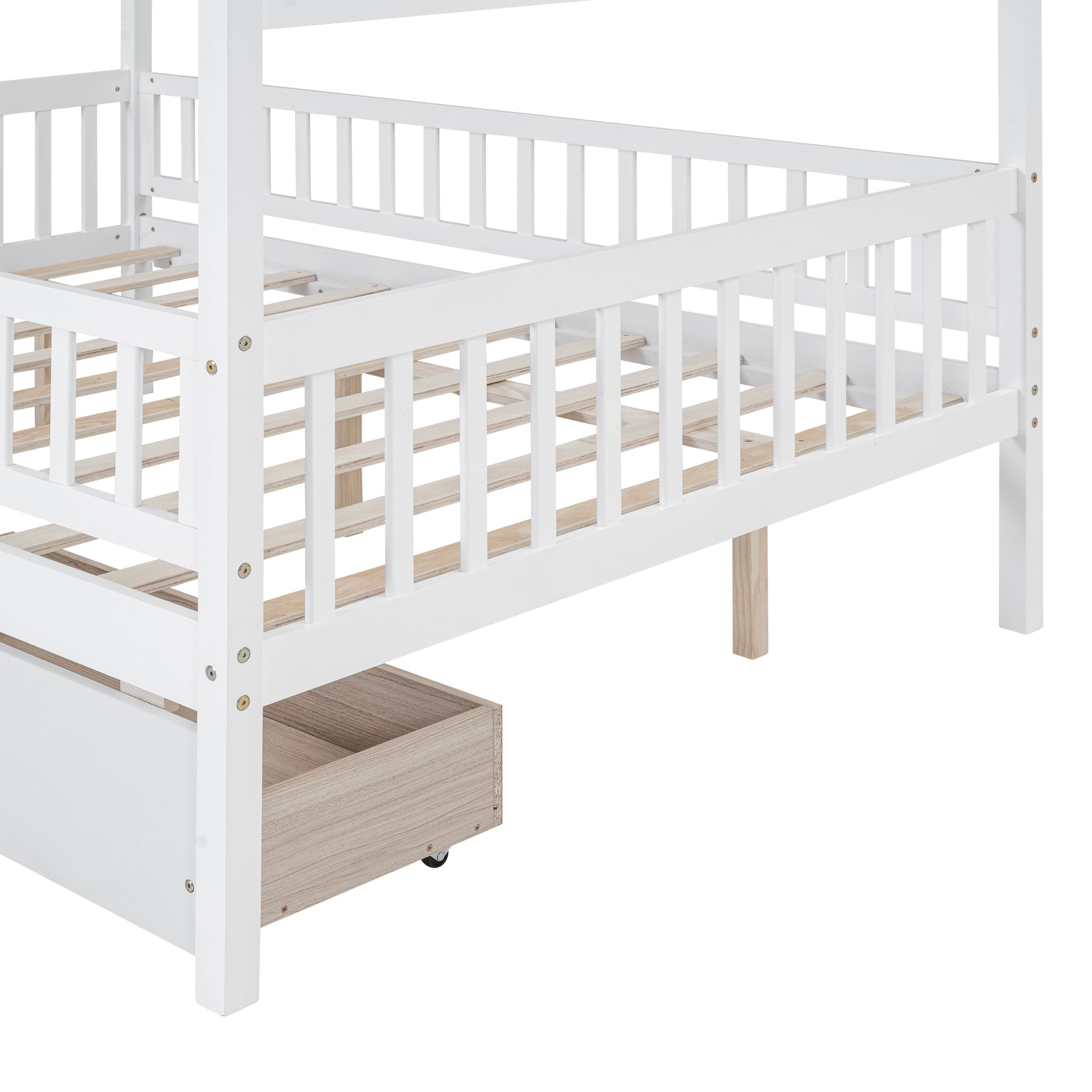Full Size Wooden House Bed With Two Drawers, White Box Spring Not Required Full White Wood White Bedroom Pine Bed Frame Wood