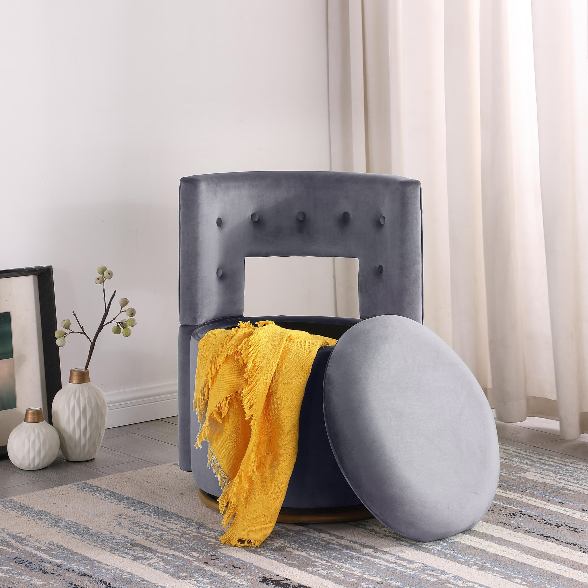 360 Swivel Accent Chair with Storage Function, and gray-velvet