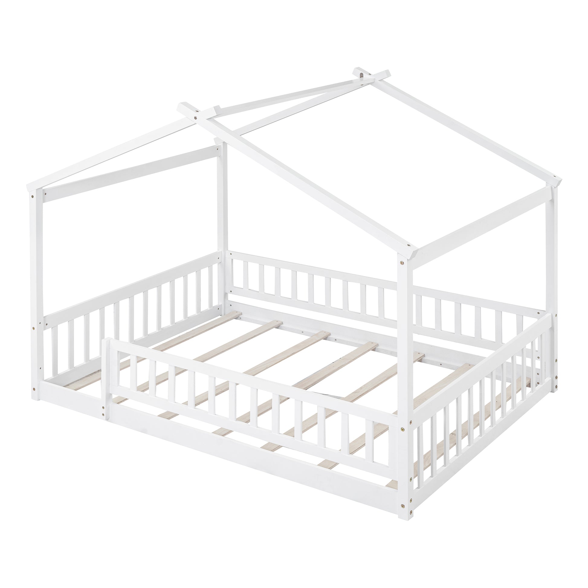 Full Size Wood Bed House Bed Frame With Fence, For Kids, Teens, Girls, Boys,White Box Spring Not Required Full White Wood Pine Bed Frame Wood