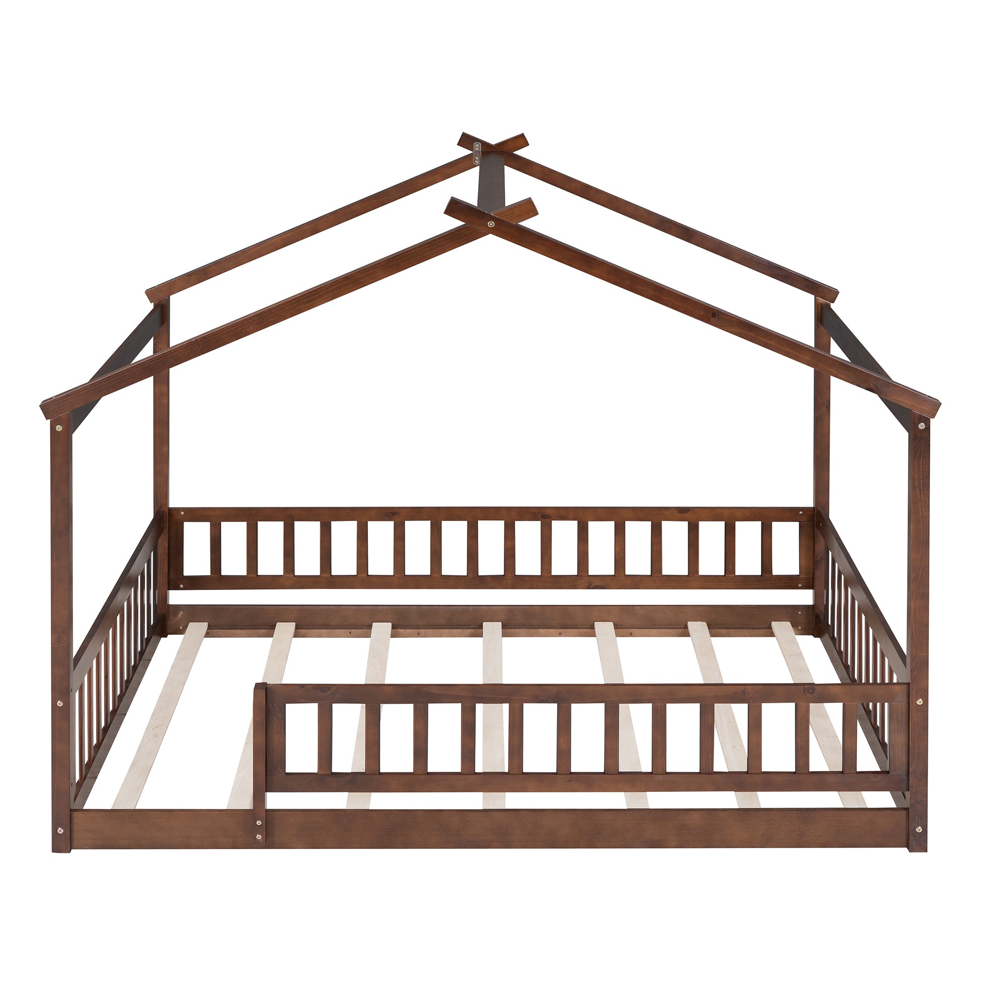 Full Size Wood Bed House Bed Frame with Fence, for box spring not required-full-walnut-wood-pine-bed