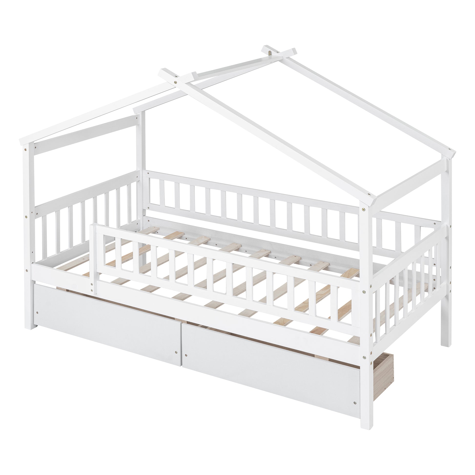 Twin Size Wooden House Bed With Two Drawers, White Box Spring Not Required Twin White Wood White Bedroom Pine Bed Frame Wood