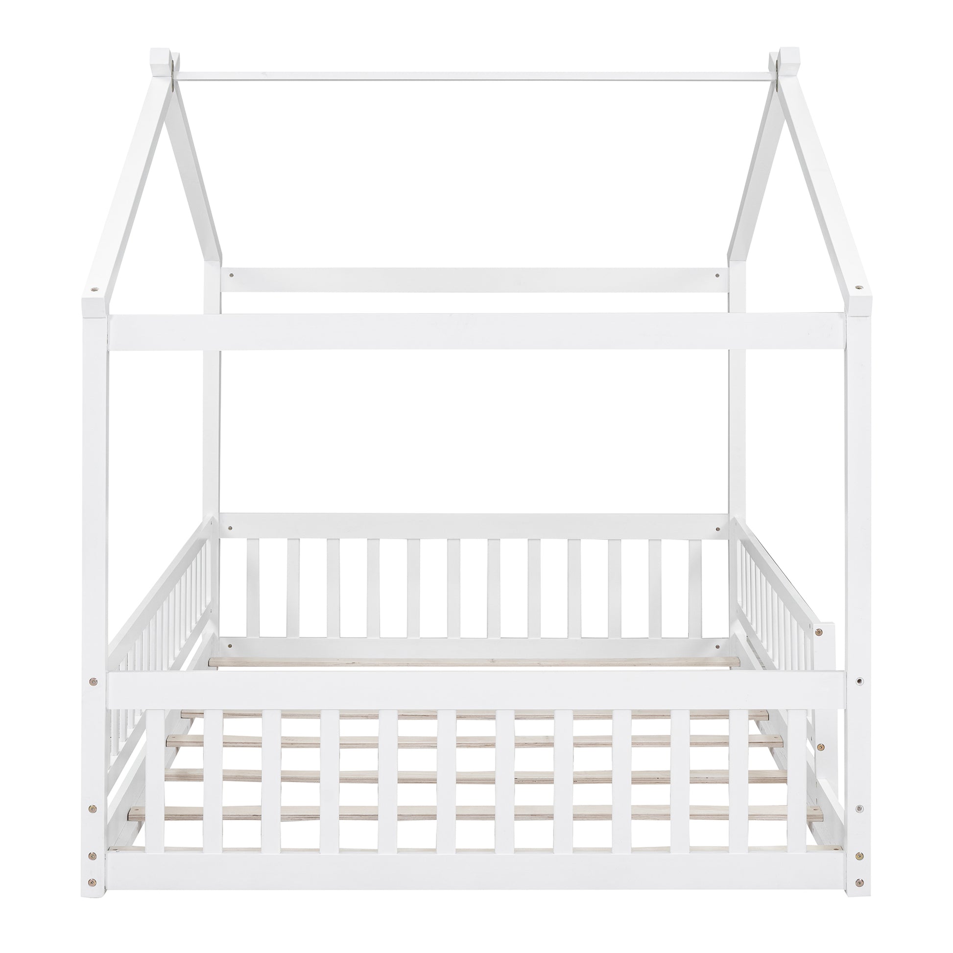 Full Size Wood Bed House Bed Frame With Fence, For Kids, Teens, Girls, Boys,White Box Spring Not Required Full White Wood Pine Bed Frame Wood