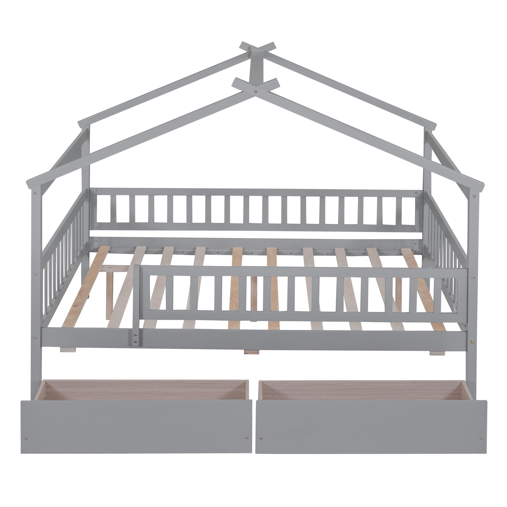 Full Size Wooden House Bed With Two Drawers,Gray Box Spring Not Required Full Gray Wood Gray Bedroom Pine Bed Frame Wood