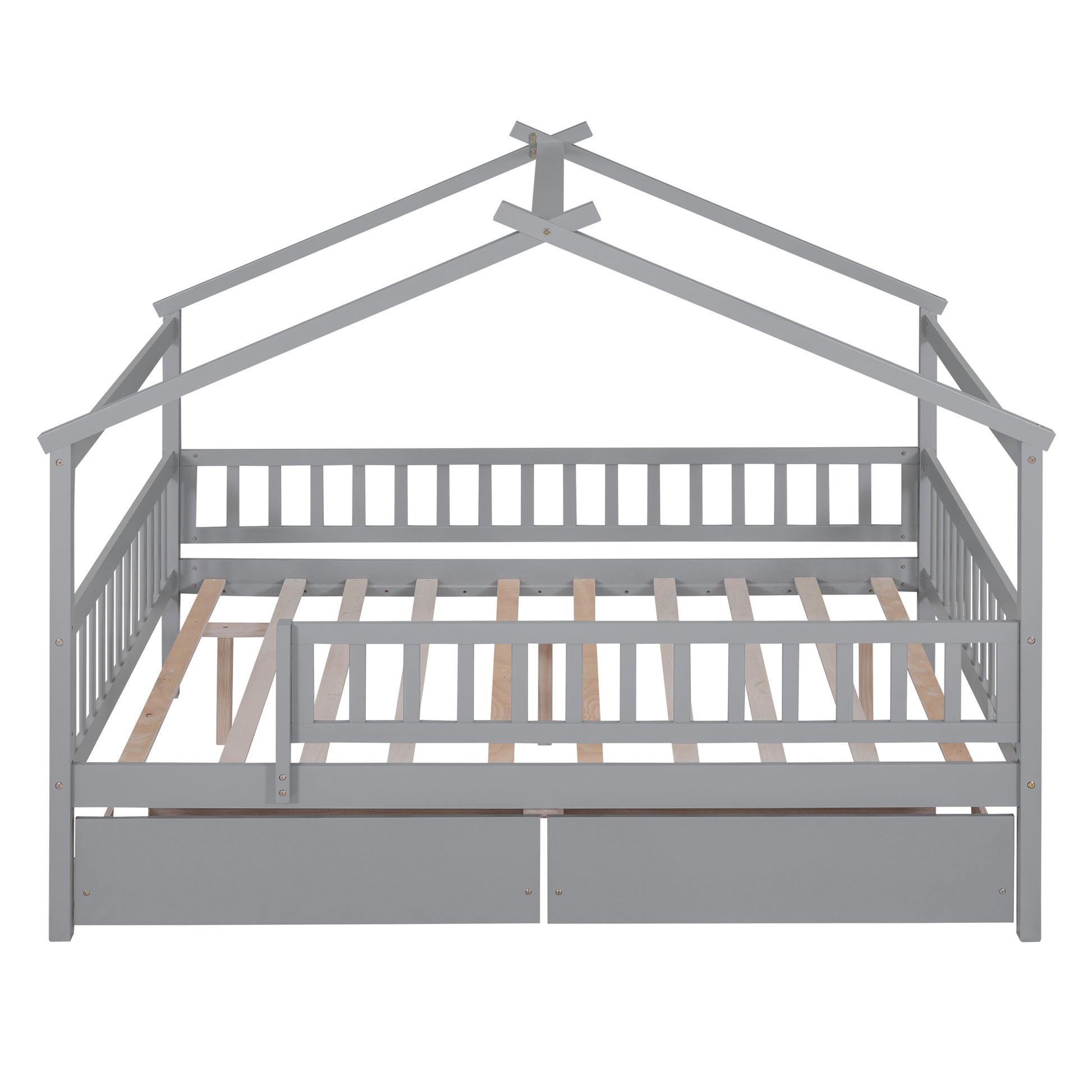 Full Size Wooden House Bed With Two Drawers,Gray Box Spring Not Required Full Gray Wood Gray Bedroom Pine Bed Frame Wood