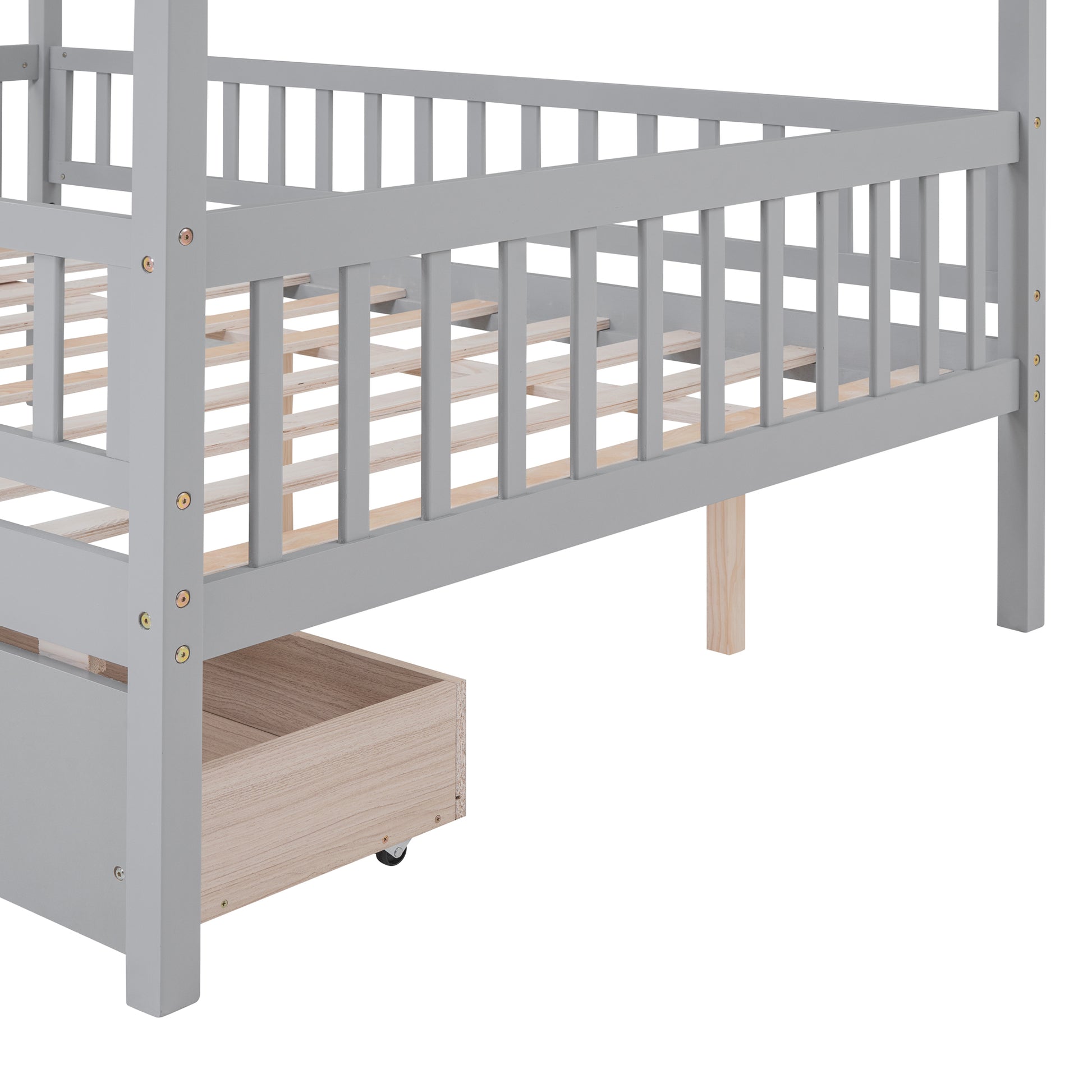 Full Size Wooden House Bed With Two Drawers,Gray Box Spring Not Required Full Gray Wood Gray Bedroom Pine Bed Frame Wood