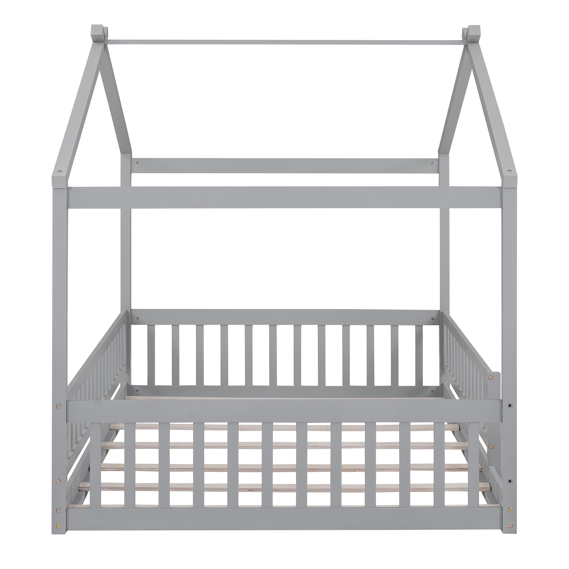 Full Size Wood Bed House Bed Frame With Fence, For Kids, Teens, Girls, Boys,Gray Box Spring Not Required Full Gray Wood Pine Bed Frame Wood