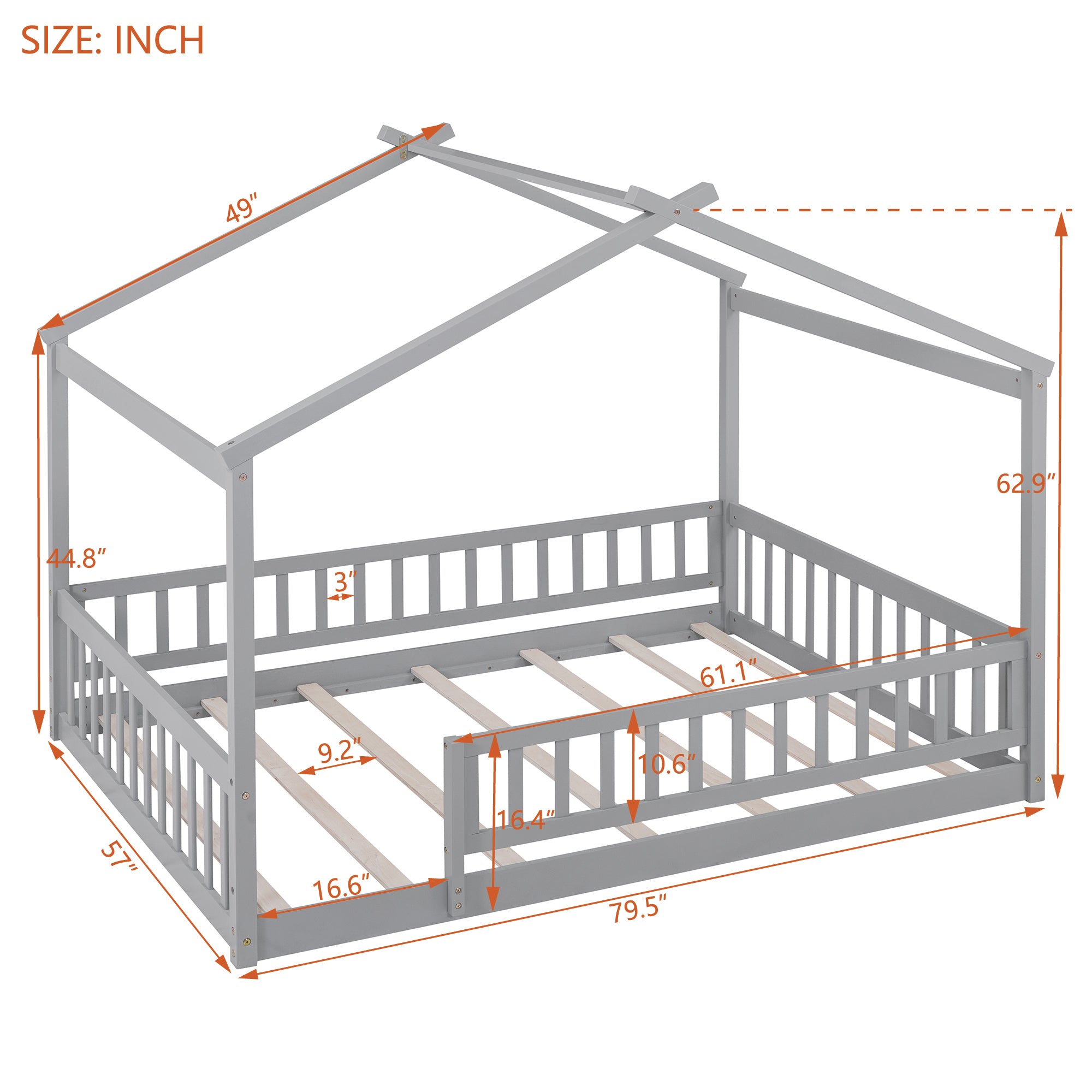 Full Size Wood Bed House Bed Frame with Fence, for box spring not required-full-gray-wood-pine-bed