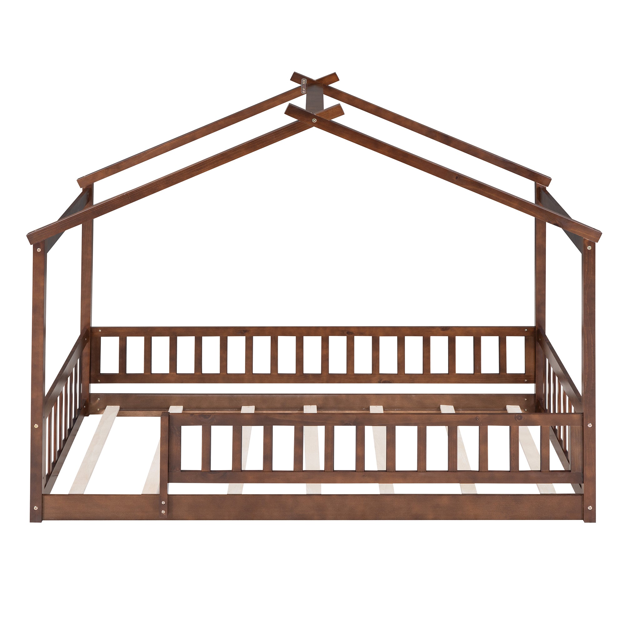 Twin Size Wood Bed House Bed Frame with Fence, for box spring not required-twin-walnut-wood-pine-bed