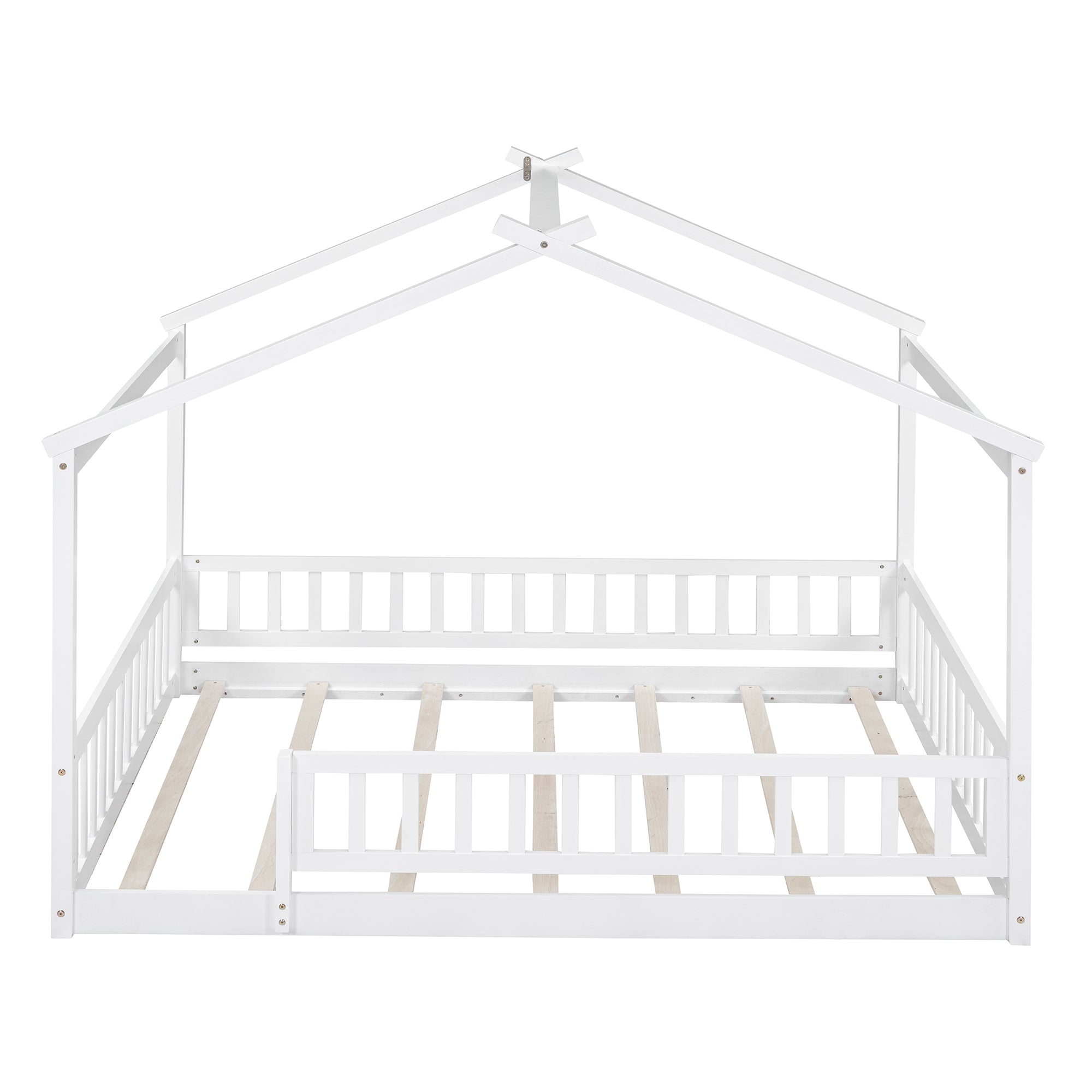 Full Size Wood Bed House Bed Frame with Fence, for box spring not required-full-white-wood-pine-bed