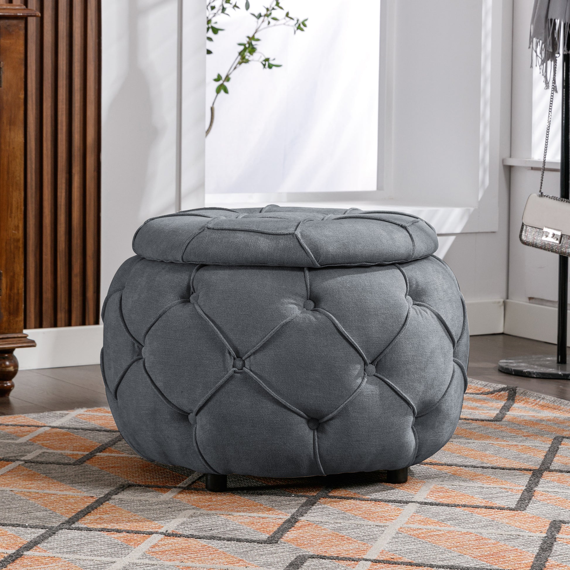 Large Button Tufted Woven Round Storage Ottoman For Living Room & Bedroom,17.7"H Burlap Grey Grey Burlap