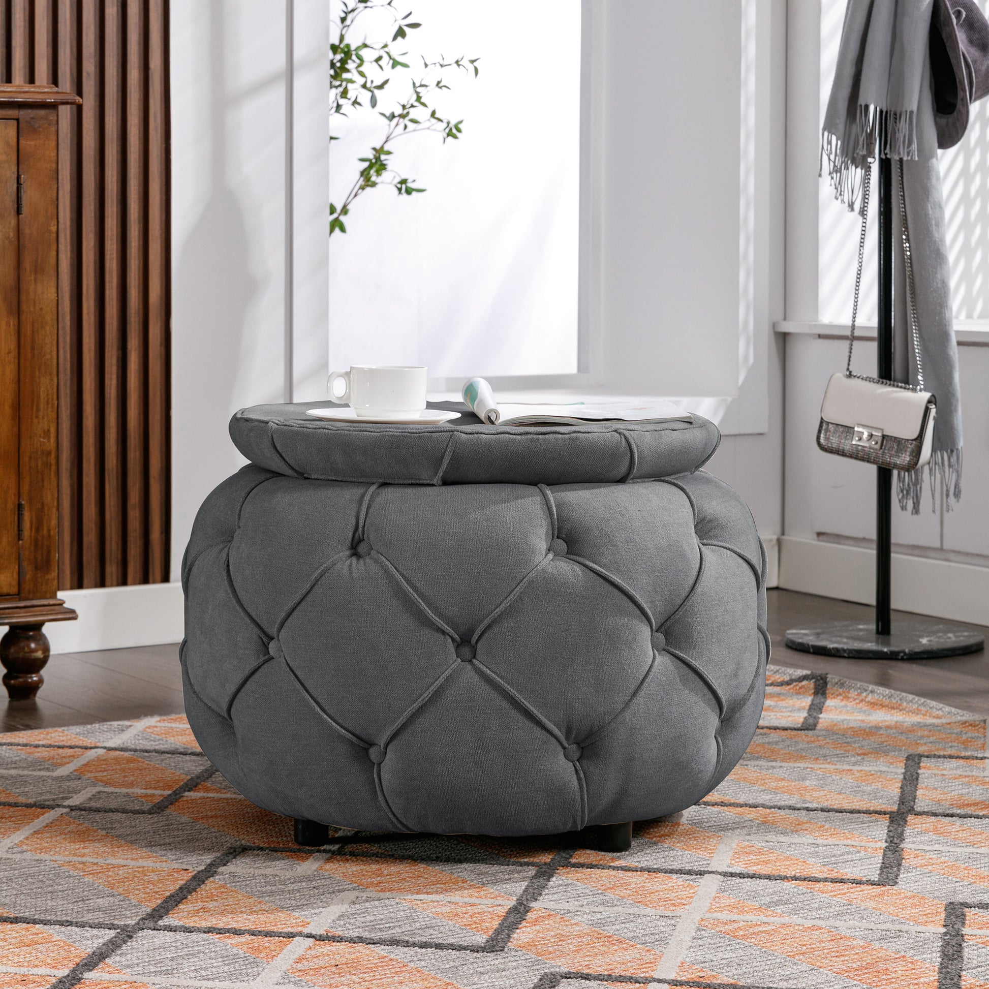 Large Button Tufted Woven Round Storage Ottoman For Living Room & Bedroom,17.7"H Burlap Grey Grey Burlap