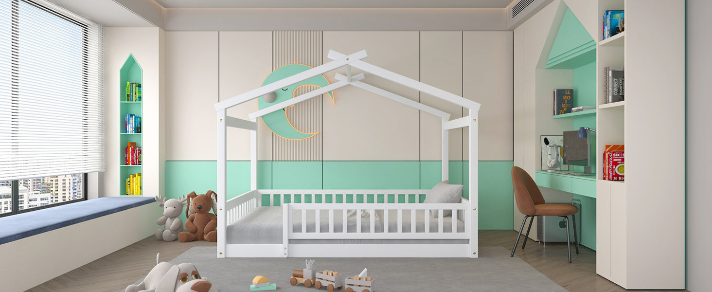 Full Size Wood Bed House Bed Frame With Fence, For Kids, Teens, Girls, Boys,White Box Spring Not Required Full White Wood Pine Bed Frame Wood