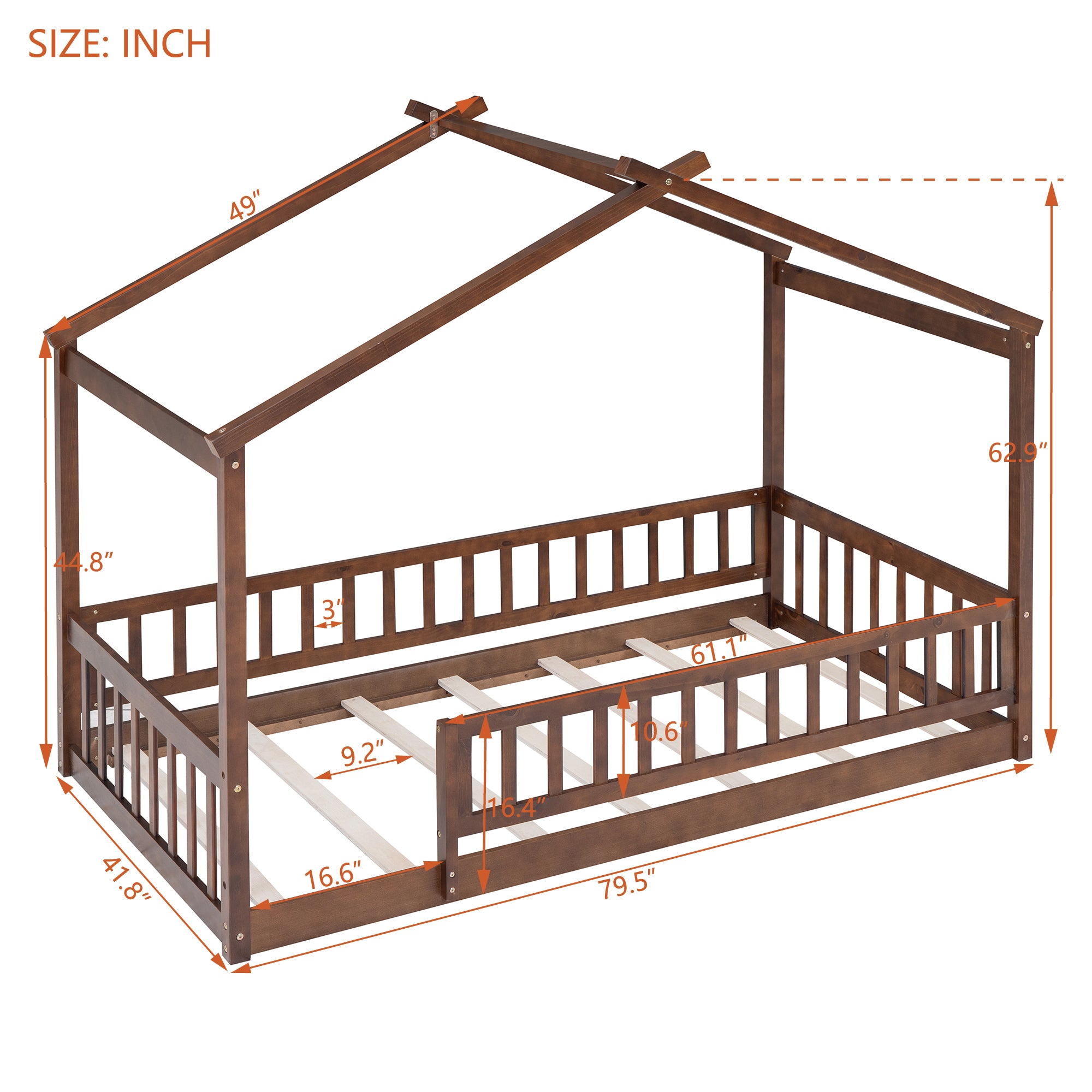 Twin Size Wood Bed House Bed Frame with Fence, for box spring not required-twin-walnut-wood-pine-bed
