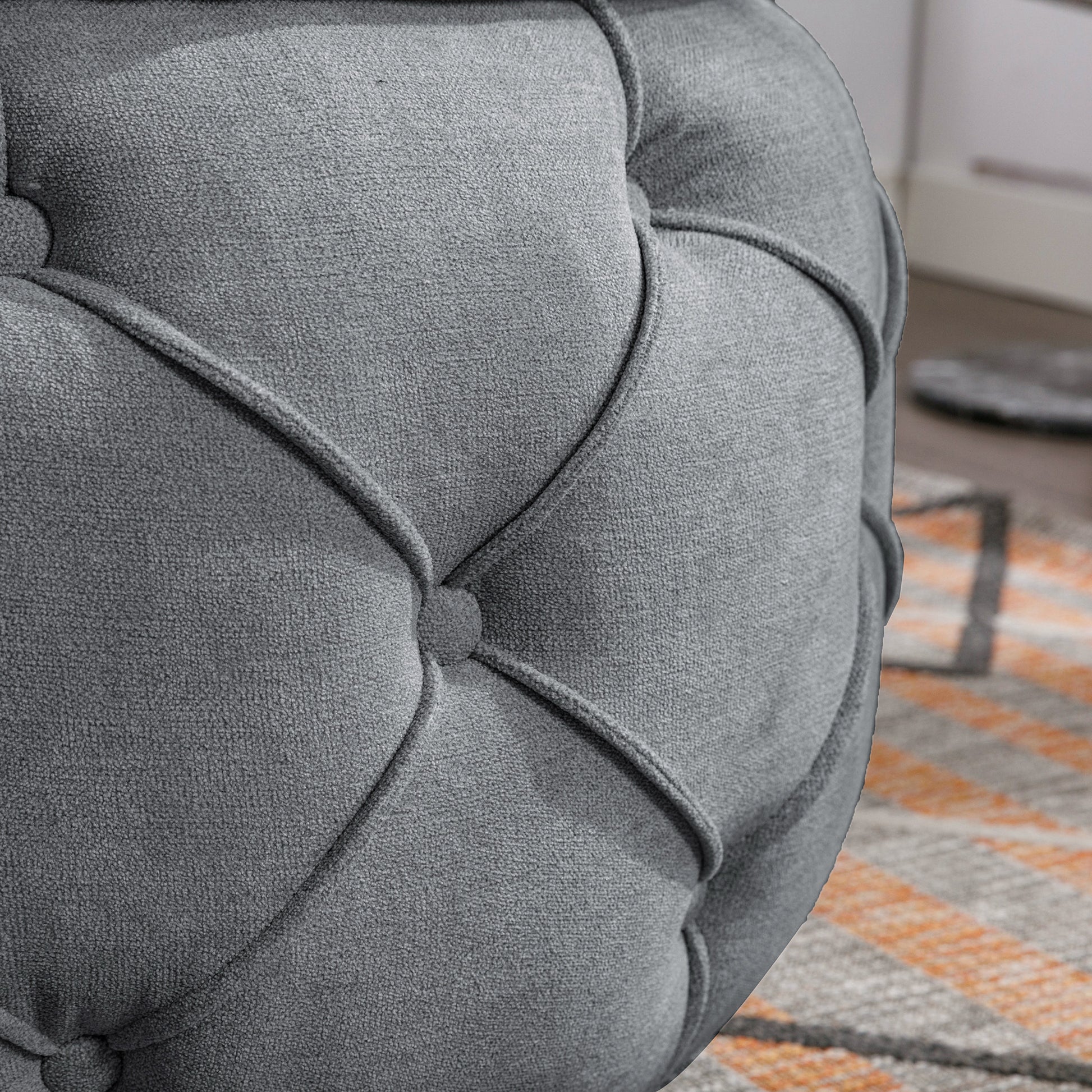 Large Button Tufted Woven Round Storage Ottoman For Living Room & Bedroom,17.7"H Burlap Grey Grey Burlap