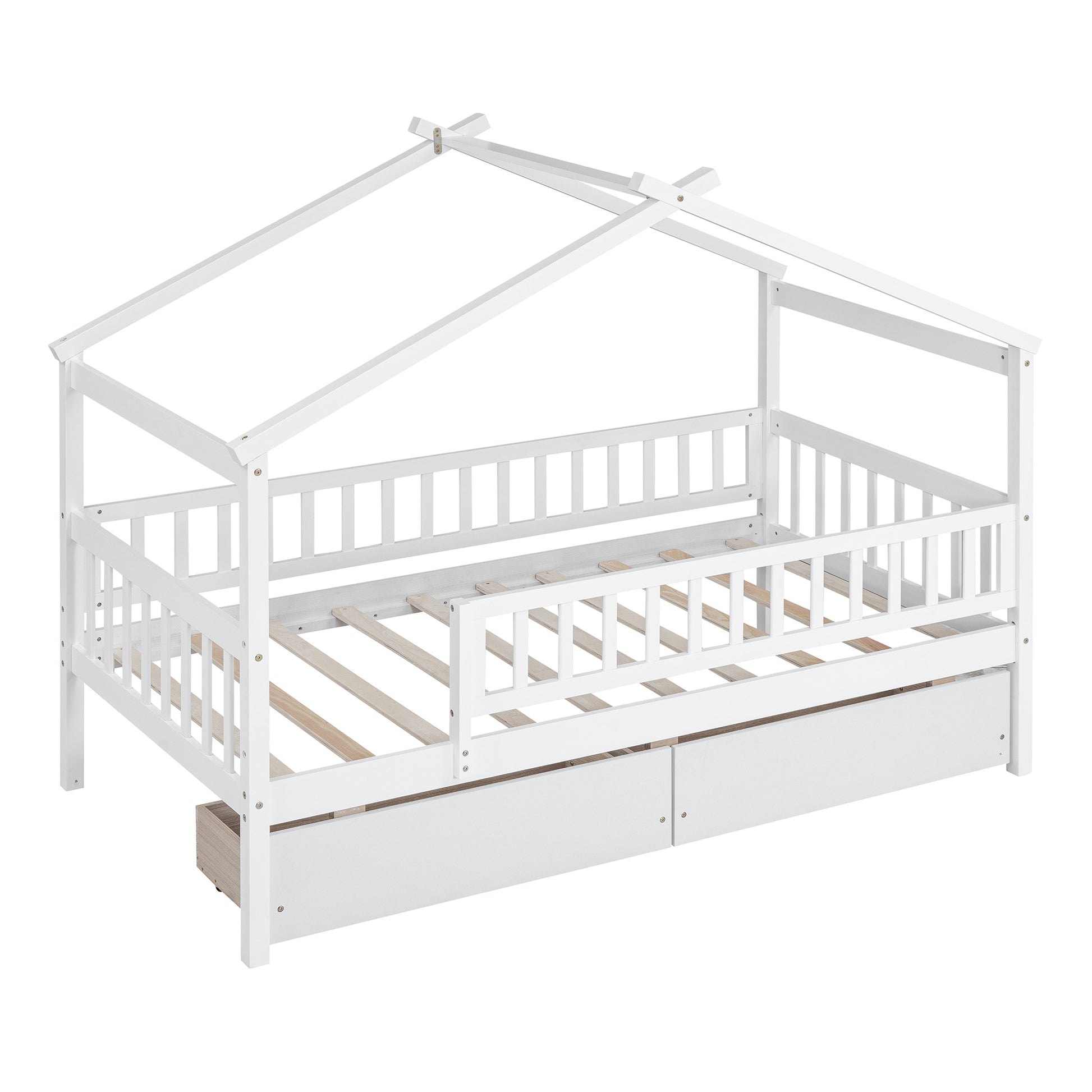 Twin Size Wooden House Bed With Two Drawers, White Box Spring Not Required Twin White Wood White Bedroom Pine Bed Frame Wood