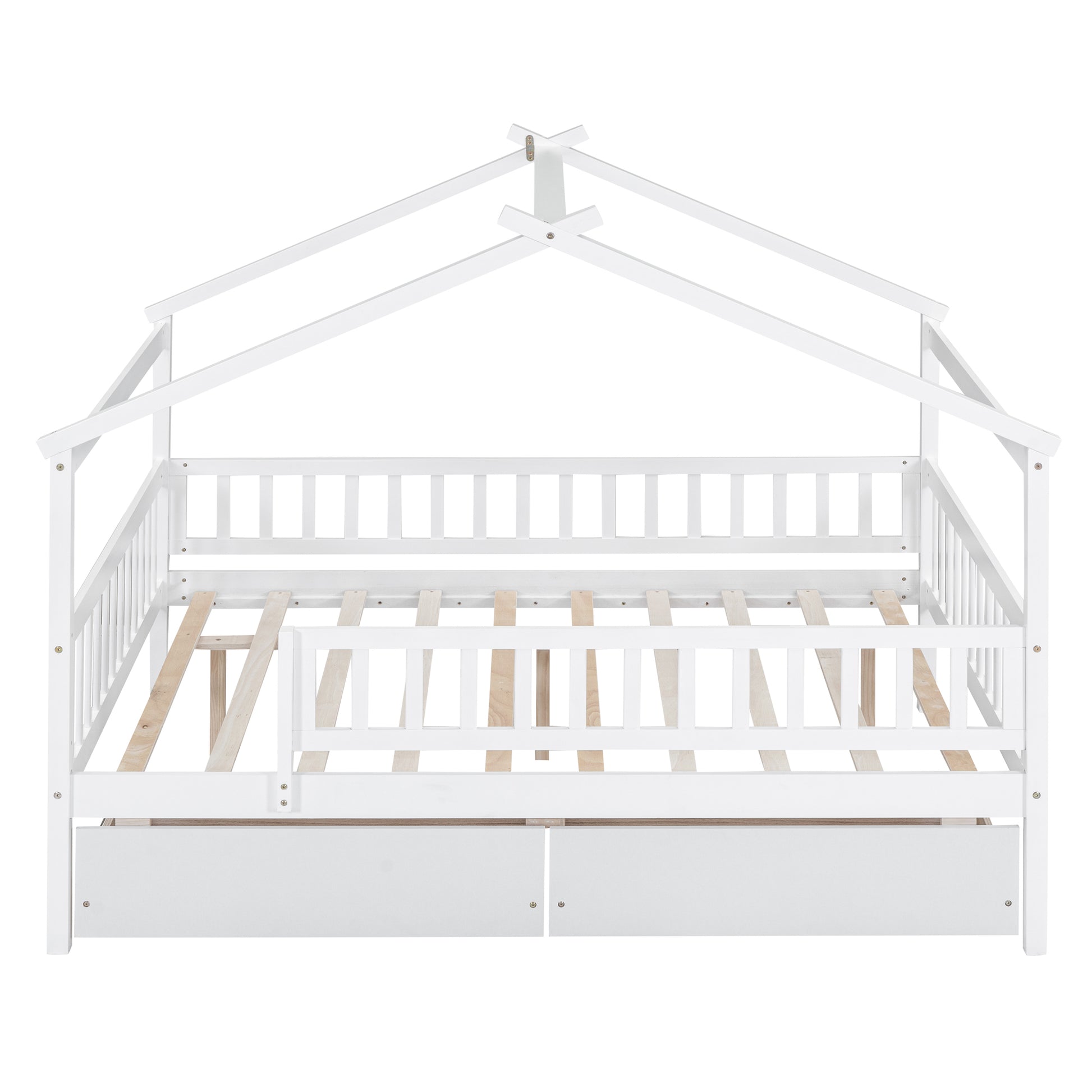 Full Size Wooden House Bed With Two Drawers, White Box Spring Not Required Full White Wood White Bedroom Pine Bed Frame Wood