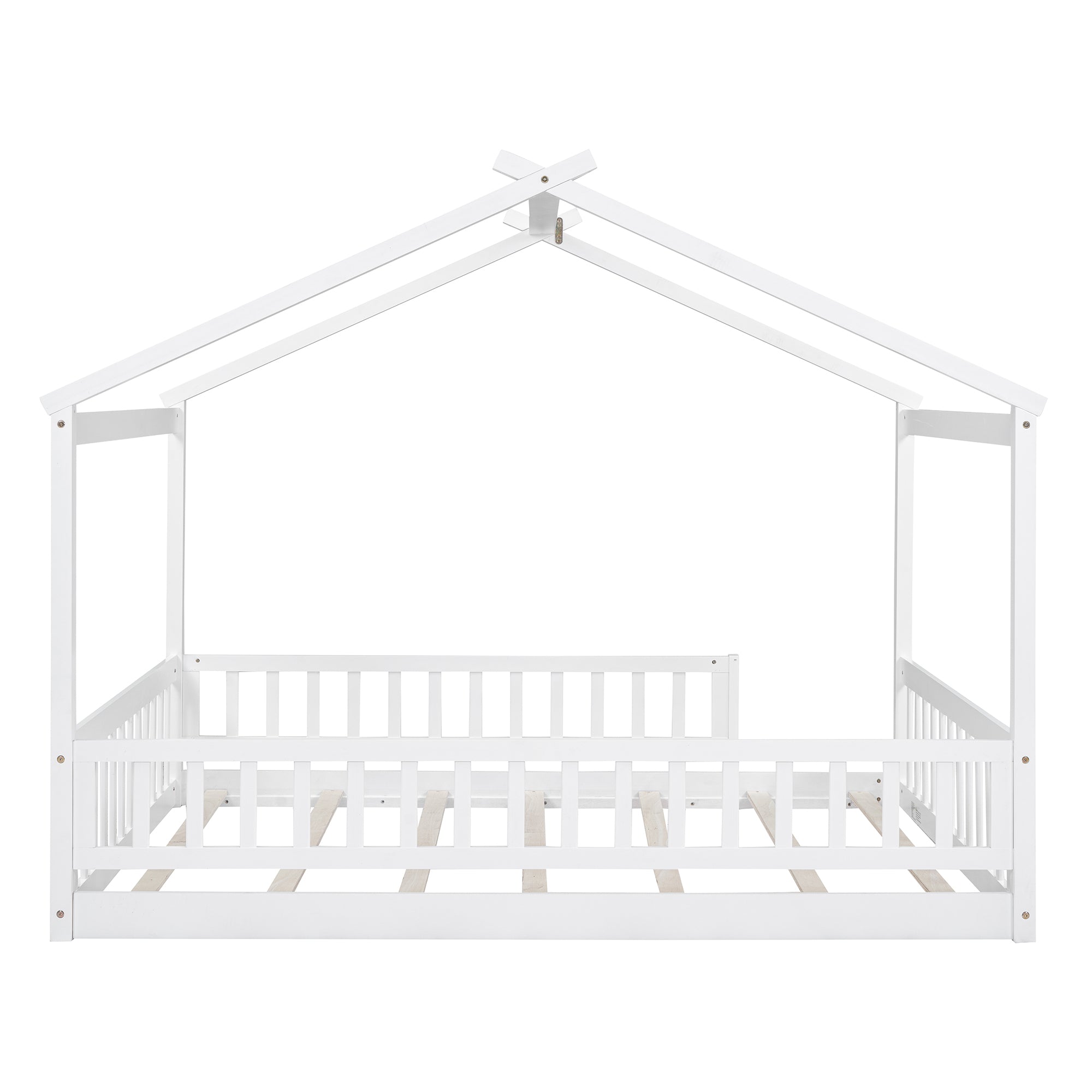 Full Size Wood Bed House Bed Frame with Fence, for box spring not required-full-white-wood-pine-bed