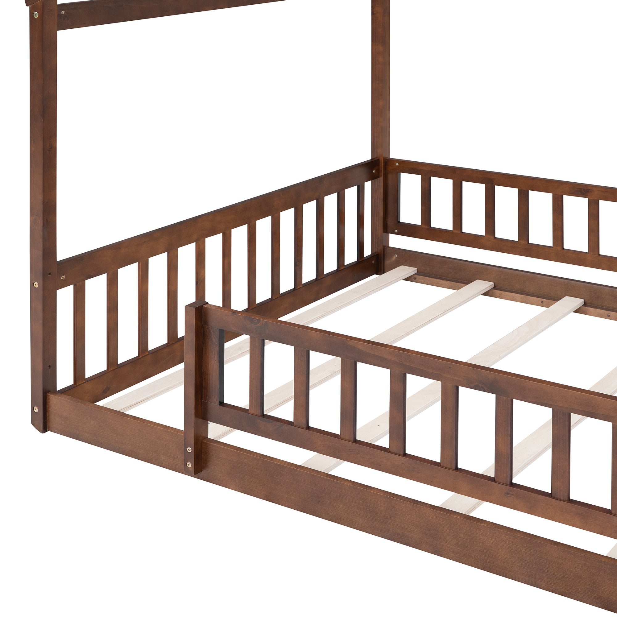 Full Size Wood Bed House Bed Frame with Fence, for box spring not required-full-walnut-wood-pine-bed