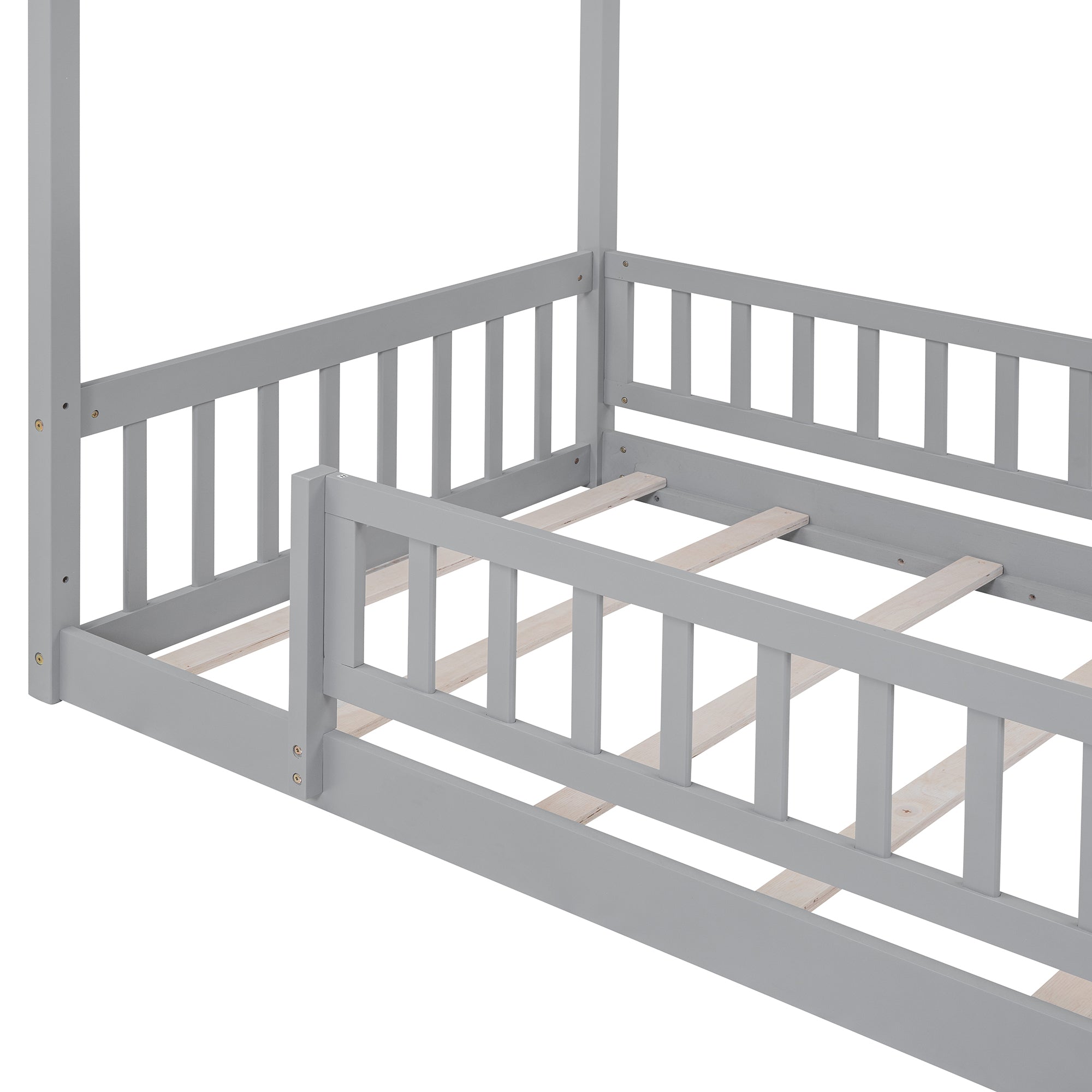 Twin Size Wood Bed House Bed Frame with Fence, for box spring not