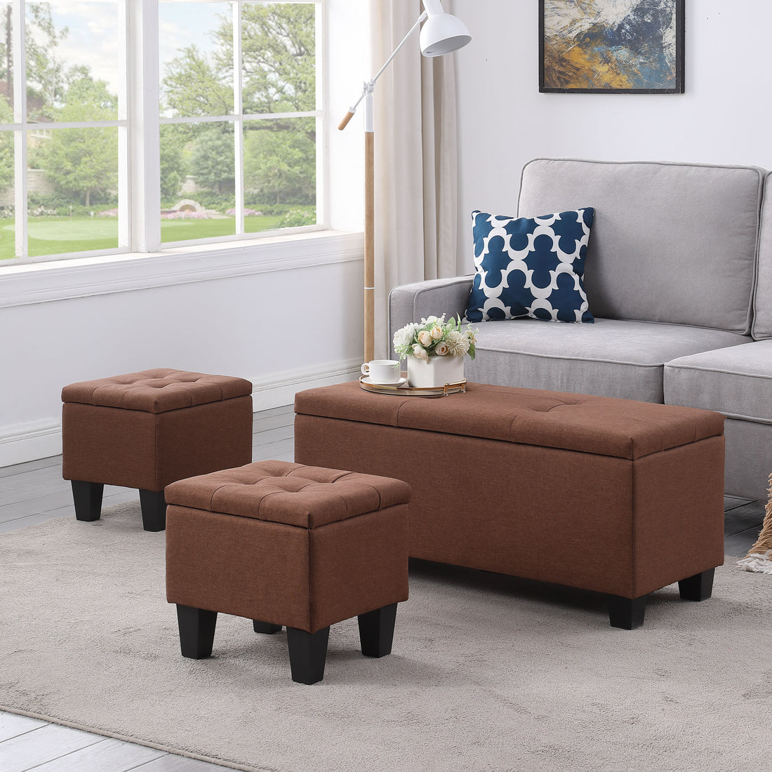 Video Large Storage Ottoman Bench Set, 3 In 1 Combination Ottoman, Tufted Ottoman Linen Bench For Living Room, Entryway, Hallway, Bedroom Support 250Lbs Brown Fabric