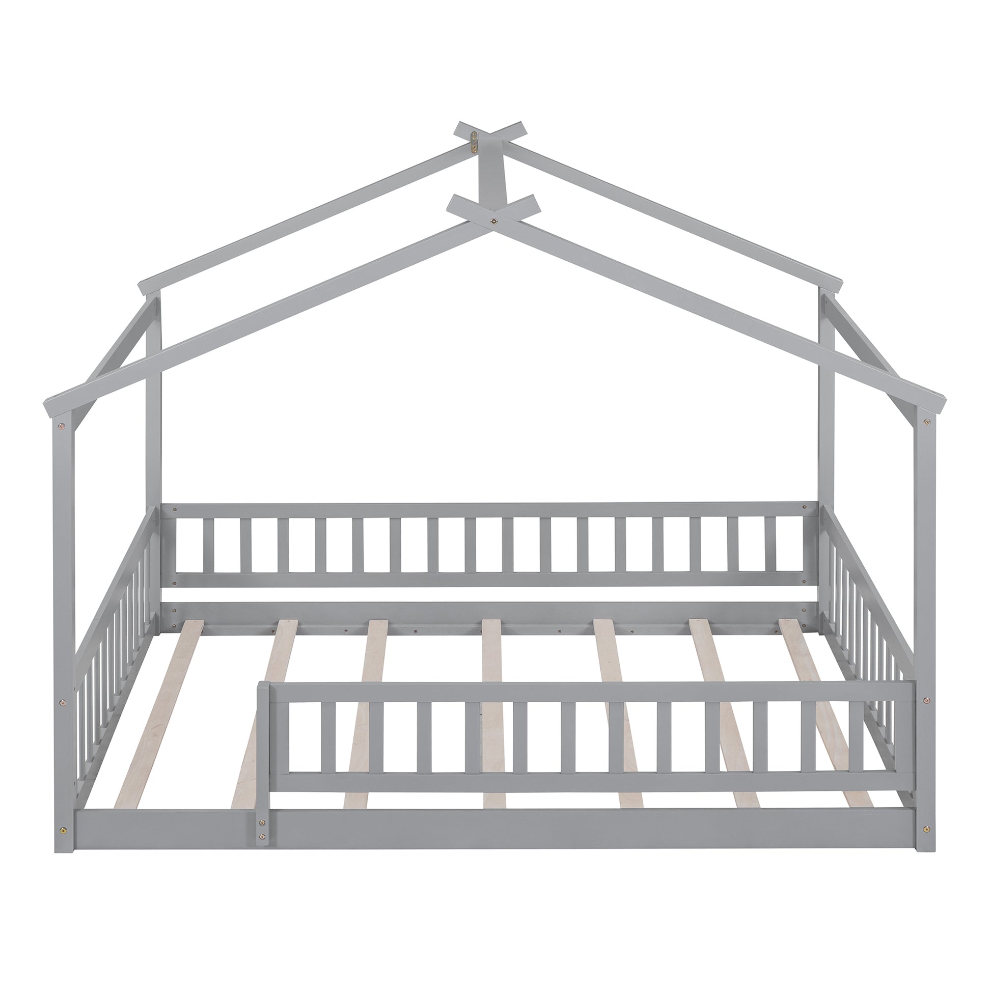 Full Size Wood Bed House Bed Frame With Fence, For Kids, Teens, Girls, Boys,Gray Box Spring Not Required Full Gray Wood Pine Bed Frame Wood