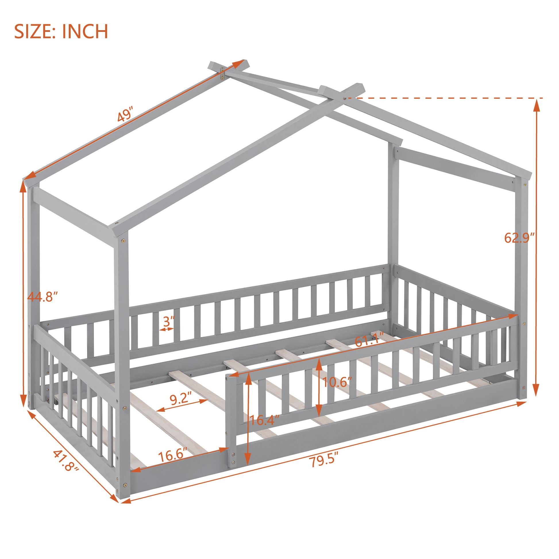 Twin Size Wood Bed House Bed Frame With Fence, For Kids, Teens, Girls, Boys, Gray Box Spring Not Required Twin Gray Wood Gray Pine Bed Frame Wood