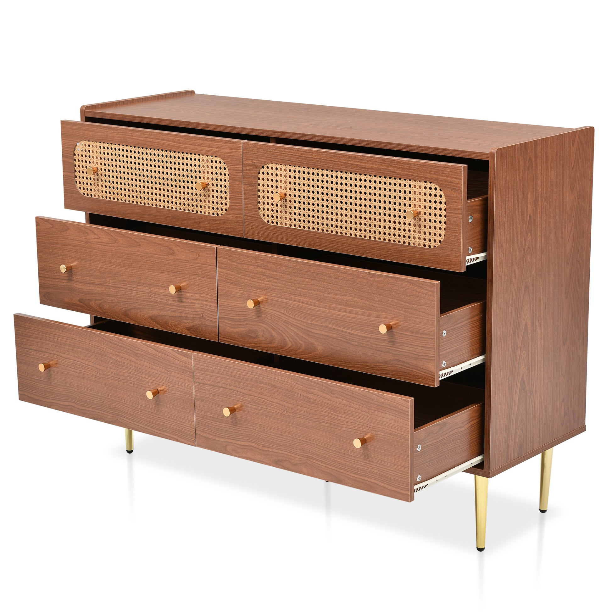 Dresser For Bedroom, Chest Of Drawers, 6 Drawer Dresser, Floor Storage Drawer Cabinet For Home Office, Drawer Chest Of Drawers Rattan Chest Of Drawers Highboard With 6 Drawers, Walnut H90 W120 D40 Cm 5 Or More Drawers Natural Cherry Art Deco Rattan