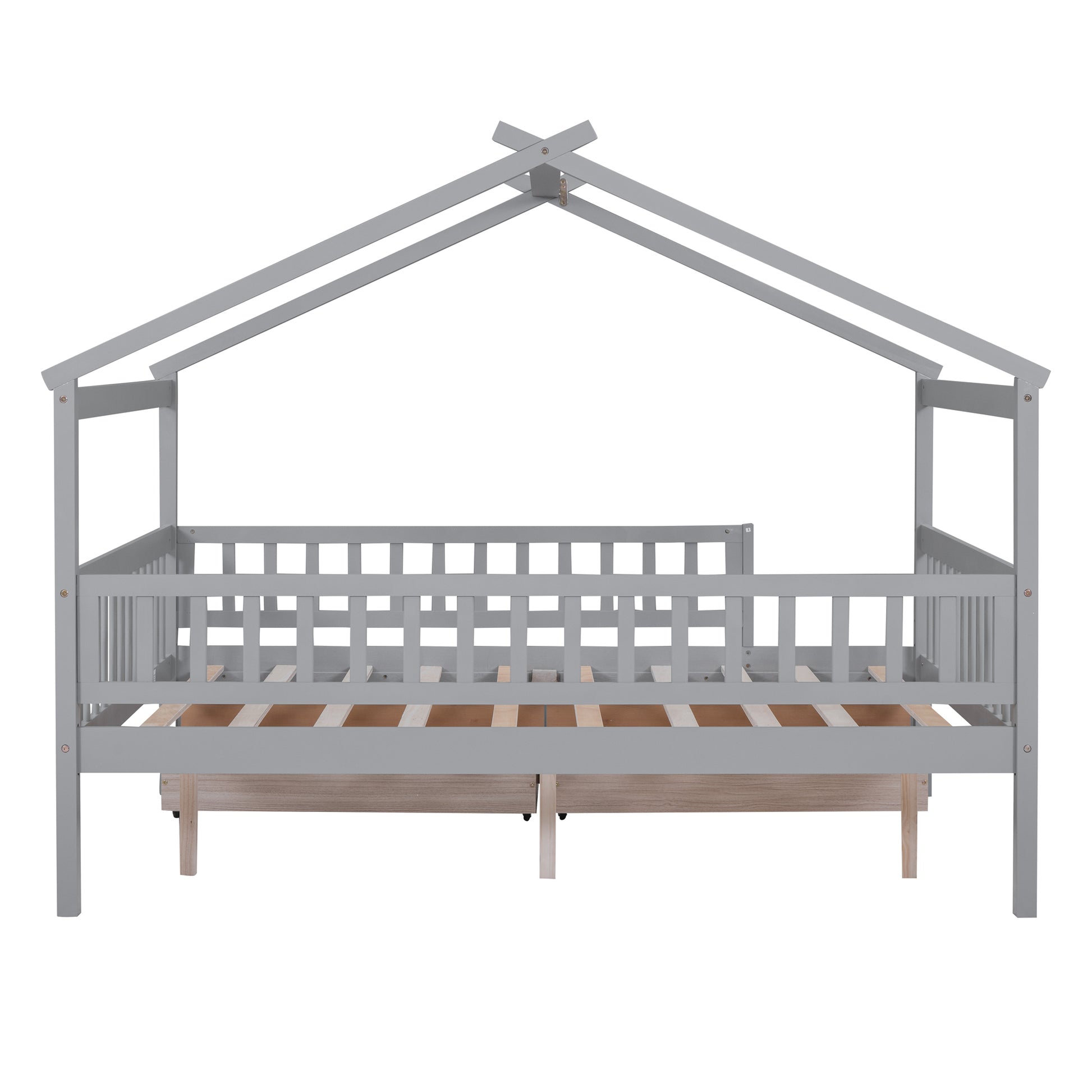 Full Size Wooden House Bed With Two Drawers,Gray Box Spring Not Required Full Gray Wood Gray Bedroom Pine Bed Frame Wood