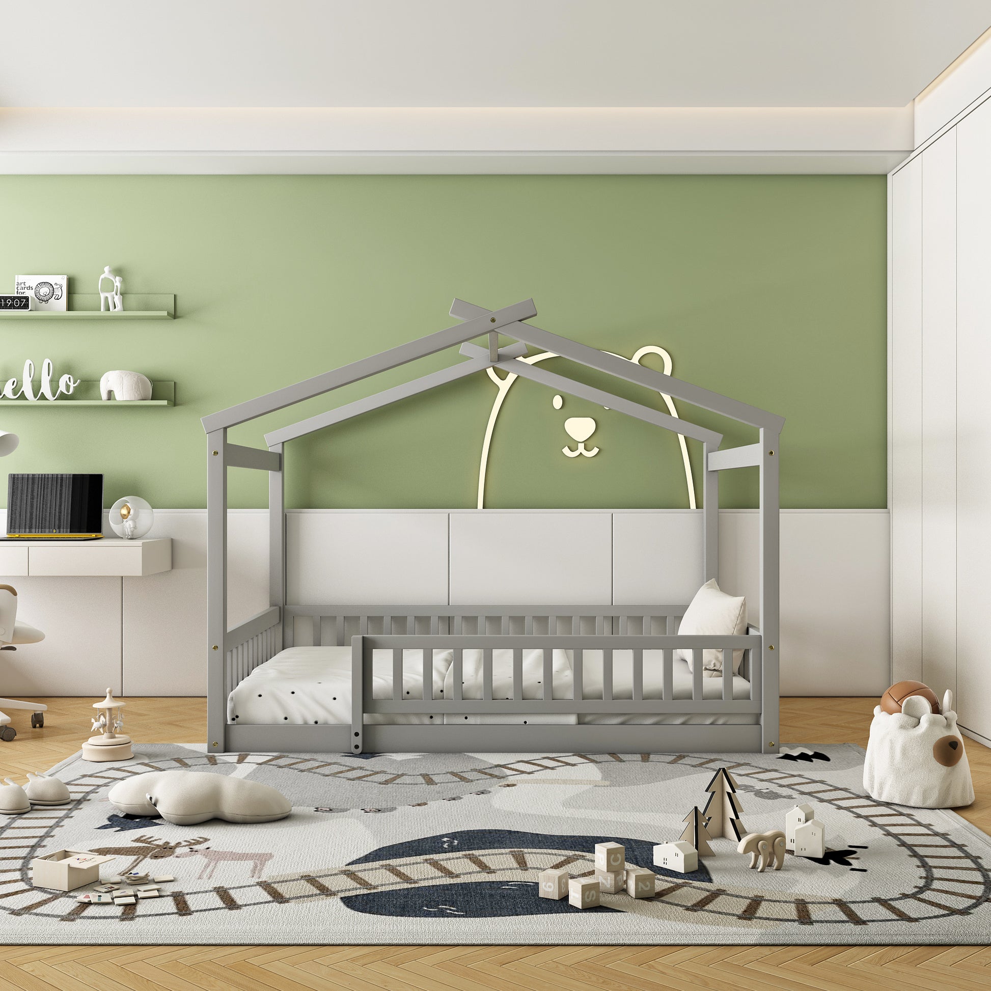 Full Size Wood Bed House Bed Frame With Fence, For Kids, Teens, Girls, Boys,Gray Box Spring Not Required Full Gray Wood Pine Bed Frame Wood