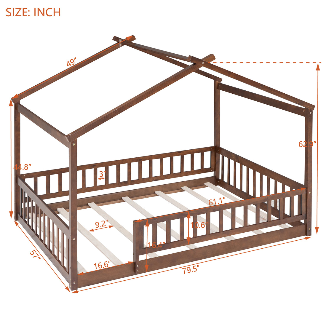 Full Size Wood Bed House Bed Frame With Fence, For Kids, Teens, Girls, Boys,Walnut Box Spring Not Required Full Walnut Wood Pine Bed Frame Wood