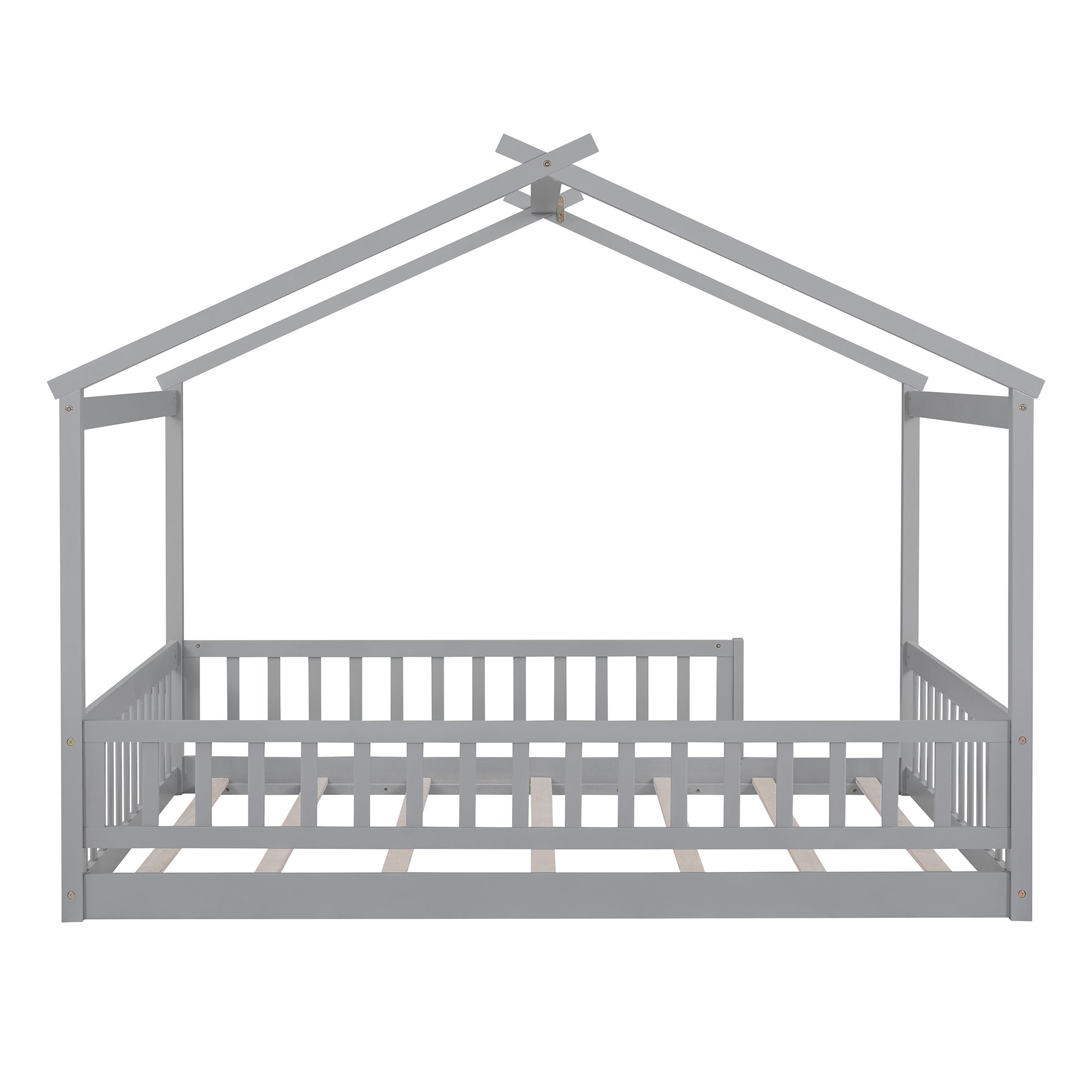 Full Size Wood Bed House Bed Frame with Fence, for box spring not required-full-gray-wood-pine-bed