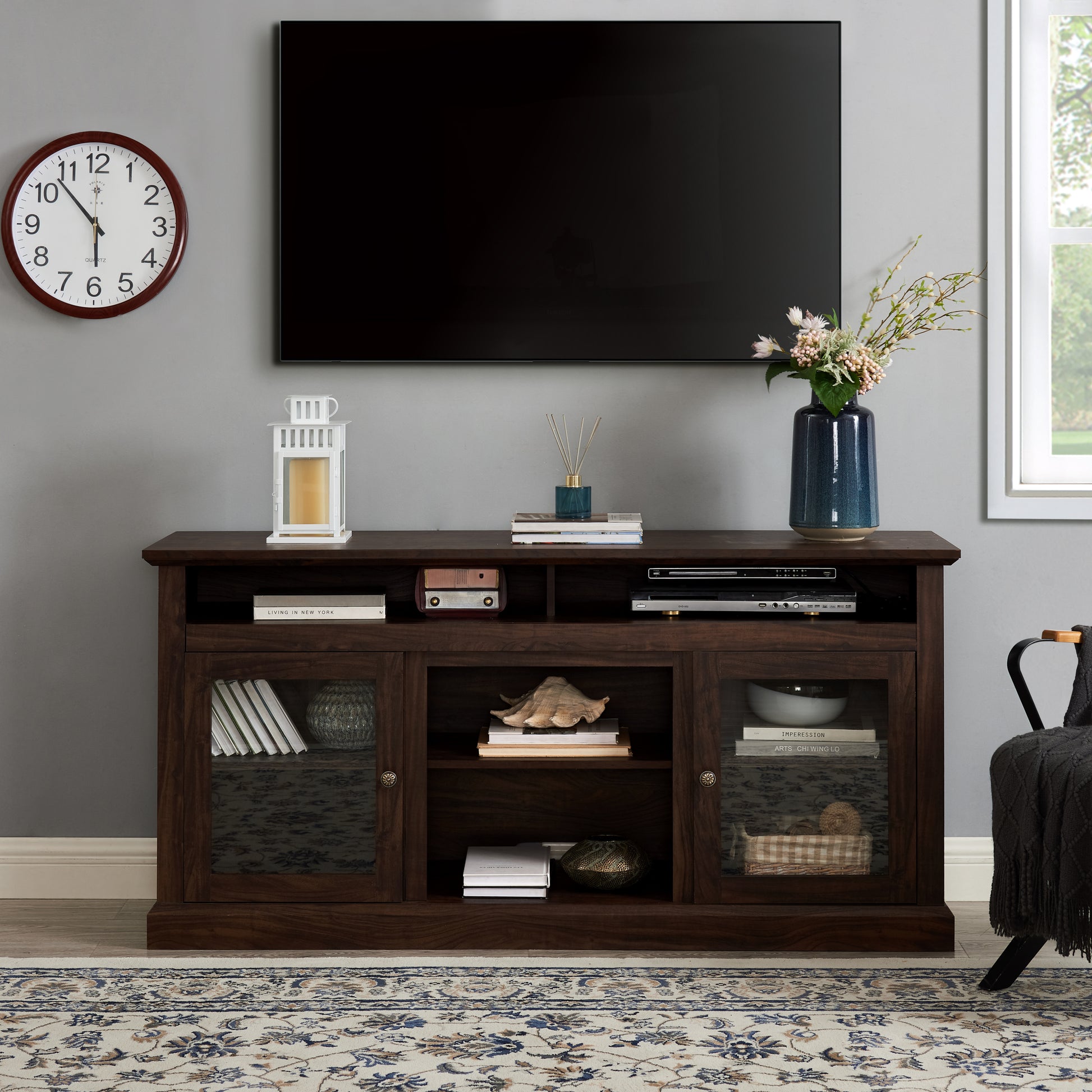 Contemporary Tv Media Stand Modern Entertainment Console For Tv Up To 65" With Open And Closed Storage Space, Brown, 60"W*15.75"D*29"H Brown Primary Living Space 60 Inches 60 69 Inches American Traditional 65 Inches Mdf