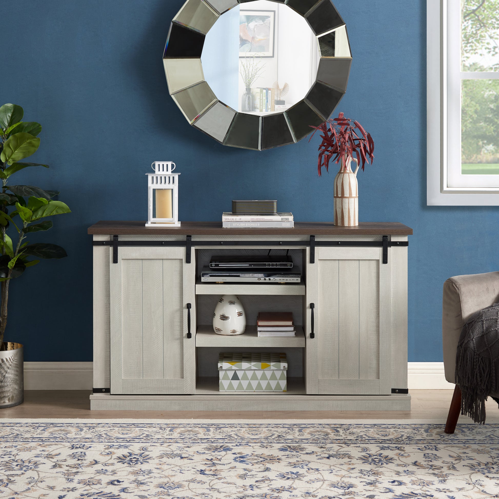 Classic Farmhouse Media Tv Stand Transitional Entertainment Console For Tv Up To 60" With Sliding Doors And Open Storage Space, Light Gray, 54.5"W*15.75"D*30.5"H Light Gray Primary Living Space 60 Inches 50 59 Inches Farmhouse 60 Inches Mdf