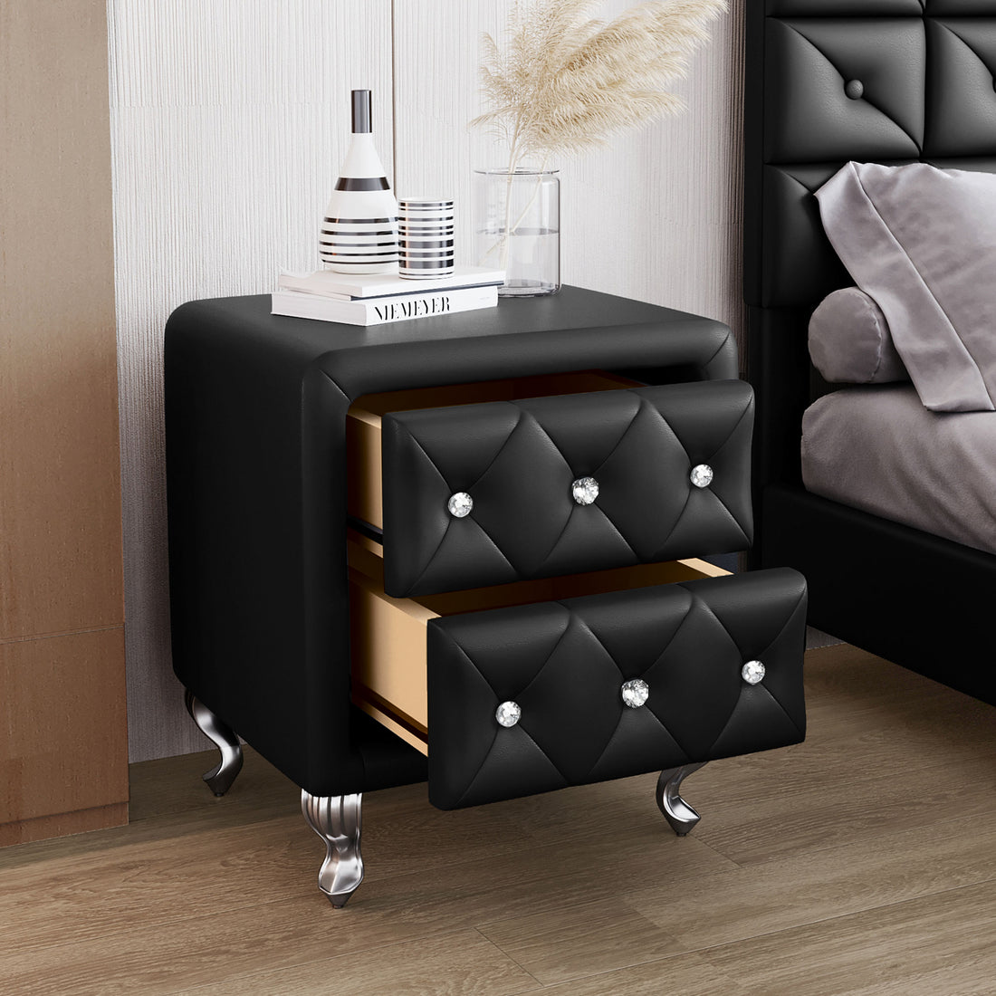 Elegant Pu Nightstand With 2 Drawers And Crystal Handle,Fully Assembled Except Legs&Handles,Storage Bedside Table With Metal Legs Black Black Pu