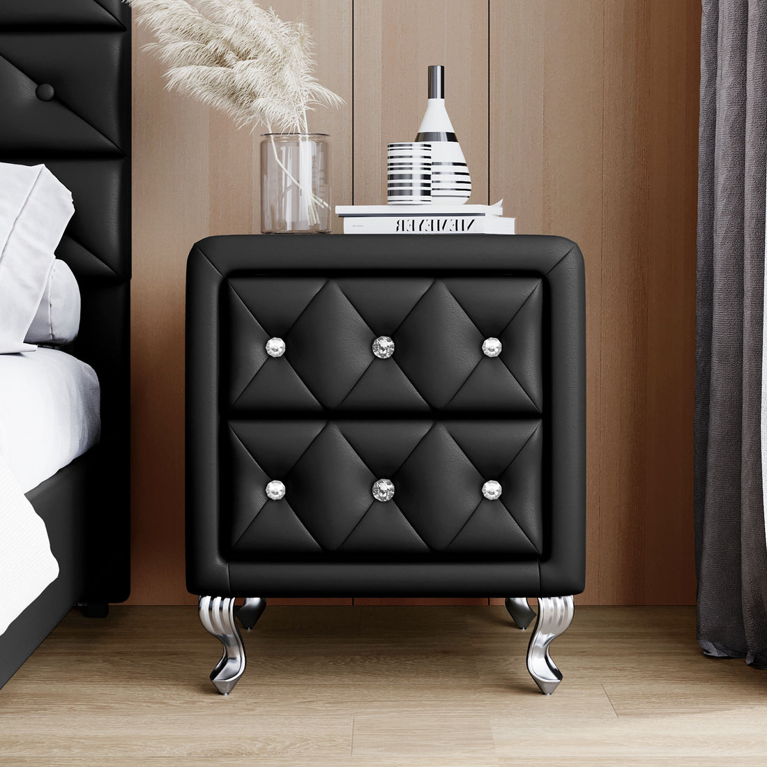 Elegant Pu Nightstand With 2 Drawers And Crystal Handle,Fully Assembled Except Legs&Handles,Storage Bedside Table With Metal Legs Black Black Pu