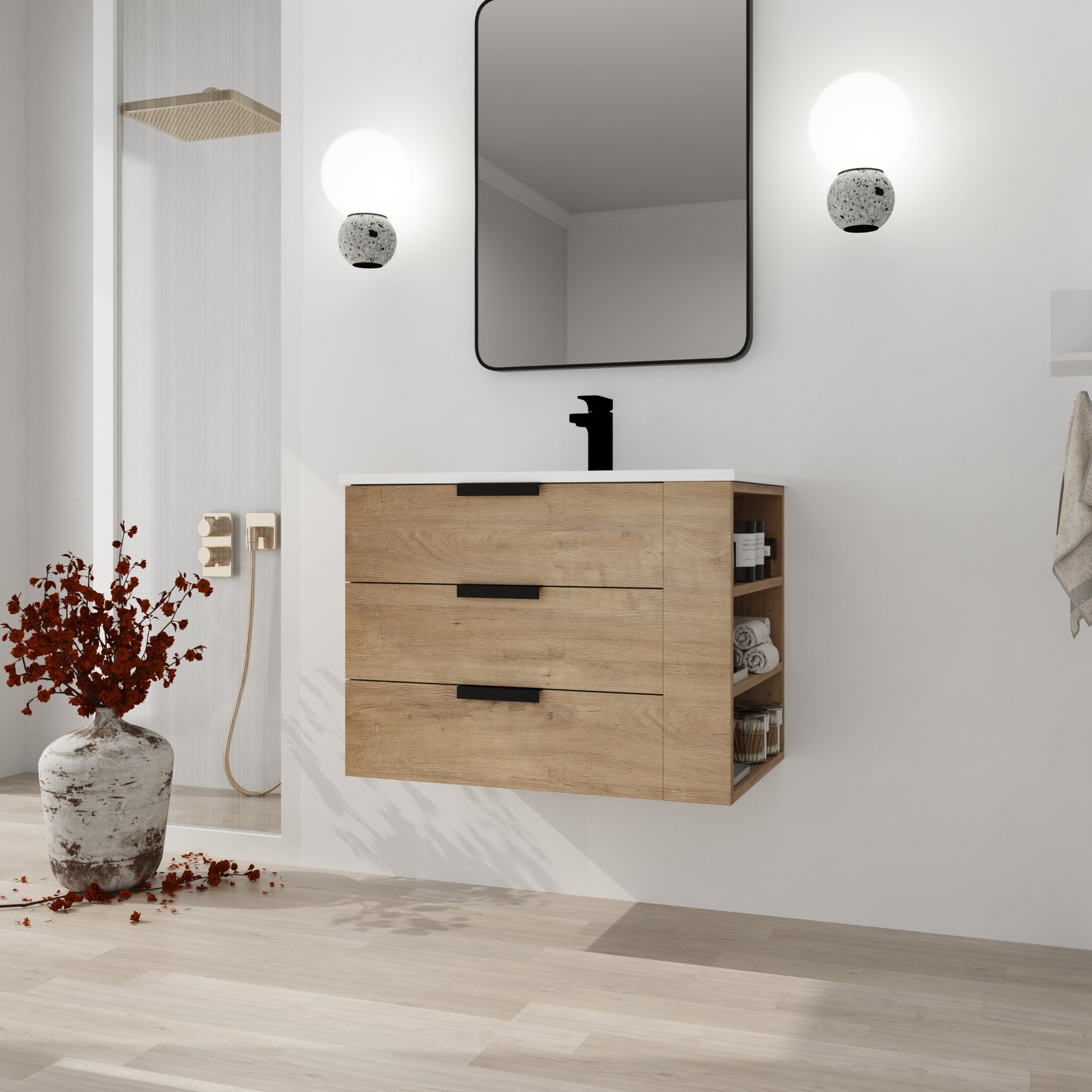 30 Inch Wall Mounting Bathroomg Vanity With Sink, Soft imitative oak-plywood