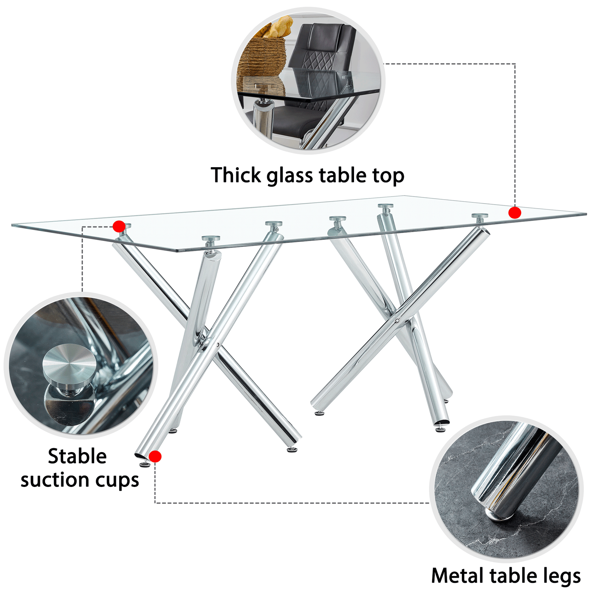 Large Modern Minimalist Rectangular Glass Dining Table For 6 8 With 0.39" Tempered Glass Tabletop And Silver Chrome Metal Legs, For Kitchen Dining Living Meeting Room Banquet Hall, 71'' X 39''X 30'' Transparent Glass