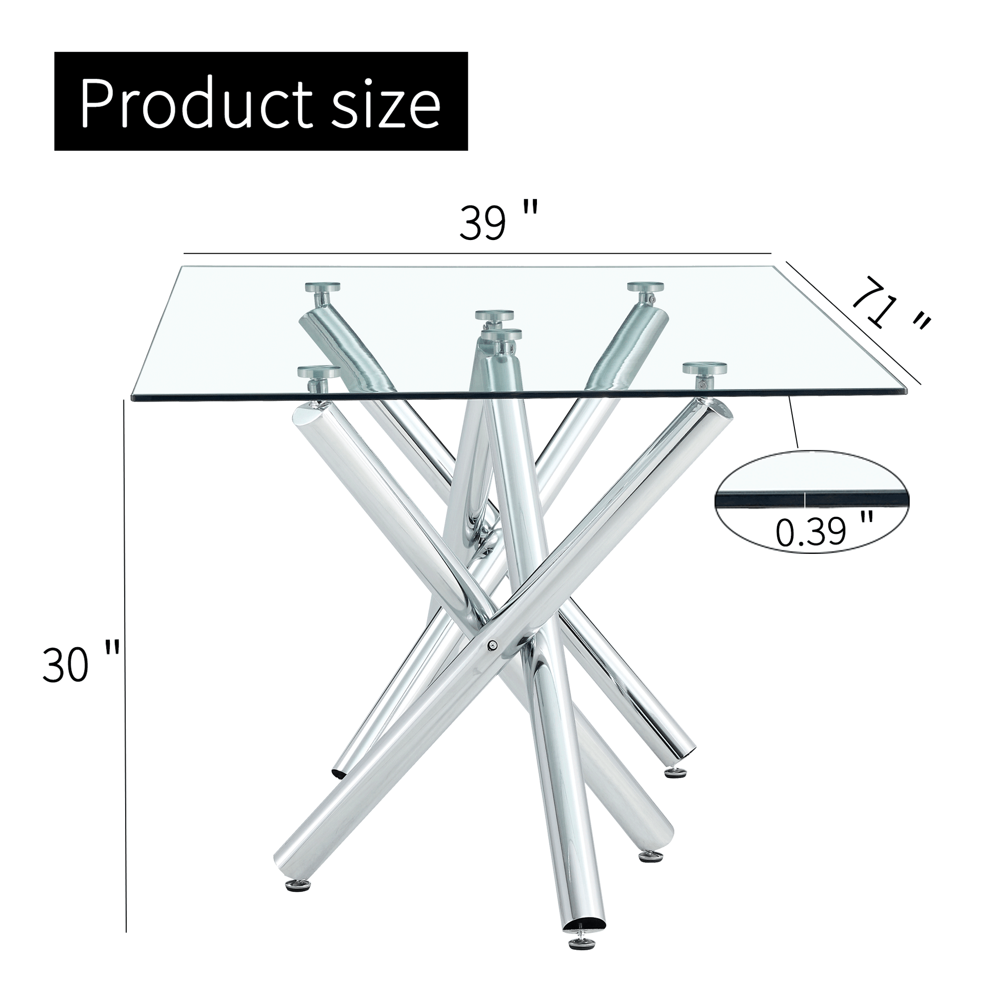 Large Modern Minimalist Rectangular Glass Dining Table For 6 8 With 0.39" Tempered Glass Tabletop And Silver Chrome Metal Legs, For Kitchen Dining Living Meeting Room Banquet Hall, 71'' X 39''X 30'' Transparent Glass