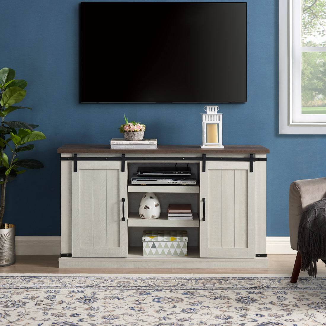 Classic Farmhouse Media Tv Stand Transitional Entertainment Console For Tv Up To 60" With Sliding Doors And Open Storage Space, Light Gray, 54.5"W*15.75"D*30.5"H Light Gray Primary Living Space 60 Inches 50 59 Inches Farmhouse 60 Inches Mdf