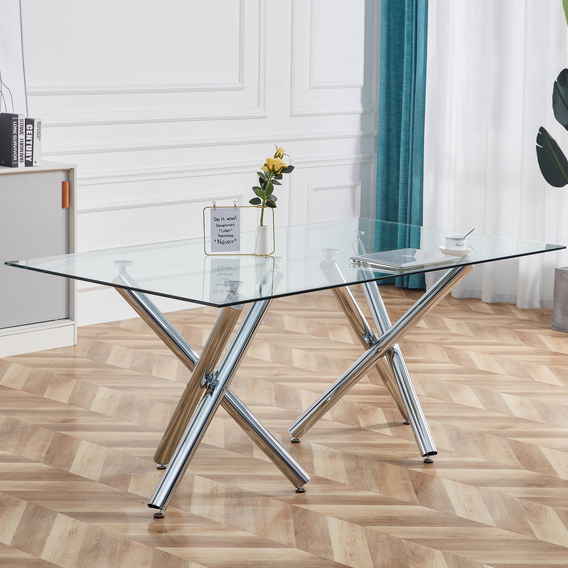 Large Modern Minimalist Rectangular Glass Dining Table For 6 8 With 0.39" Tempered Glass Tabletop And Silver Chrome Metal Legs, For Kitchen Dining Living Meeting Room Banquet Hall, 71'' X 39''X 30'' Transparent Glass