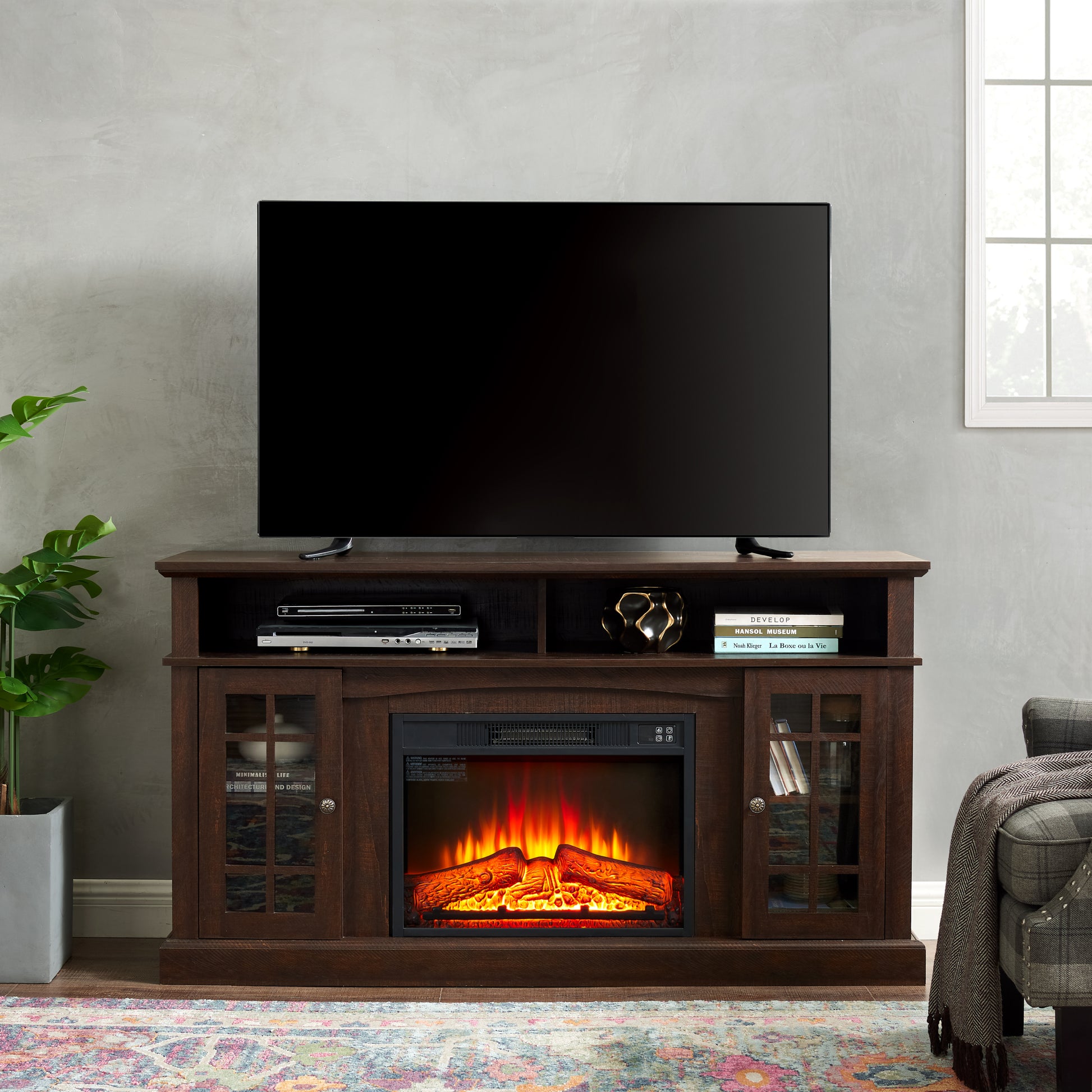 Classic Tv Media Stand Modern Entertainment Console With 23" Fireplace Insert For Tv Up To 65" With Open And Closed Storage Space, Espresso, 58.25"W*15.75"D*32"H Espresso Primary Living Space 65 Inches 60 69 Inches American Traditional 65 Inches Mdf