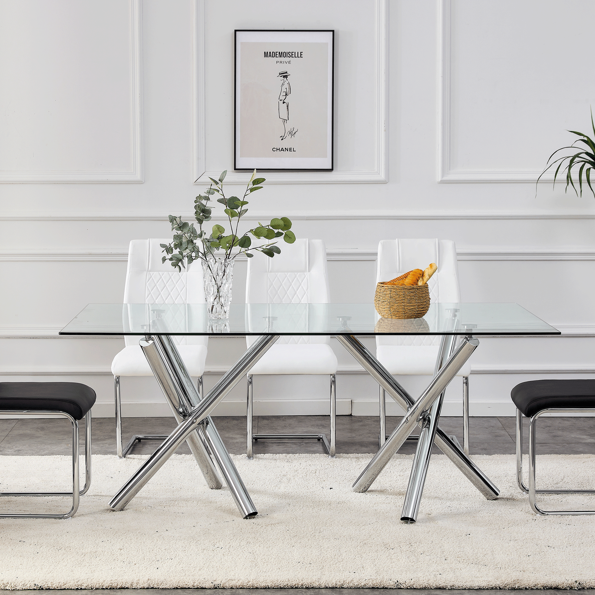 Large Modern Minimalist Rectangular Glass Dining Table For 6 8 With 0.39" Tempered Glass Tabletop And Silver Chrome Metal Legs, For Kitchen Dining Living Meeting Room Banquet Hall, 71'' X 39''X 30'' Transparent Glass