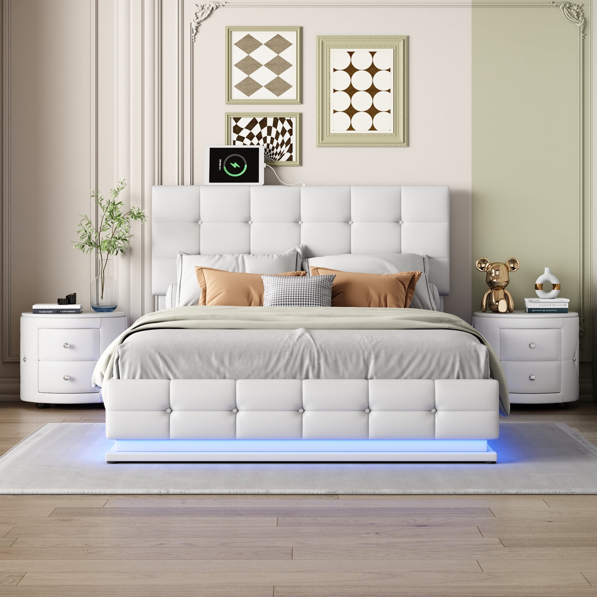 3 Pieces Bedroom Sets,Queen Size Upholstered Bed With Led Lights,Hydraulic Storage System And Usb Charging Station, Two Nightstands With Crystal Decoration,White White Upholstered