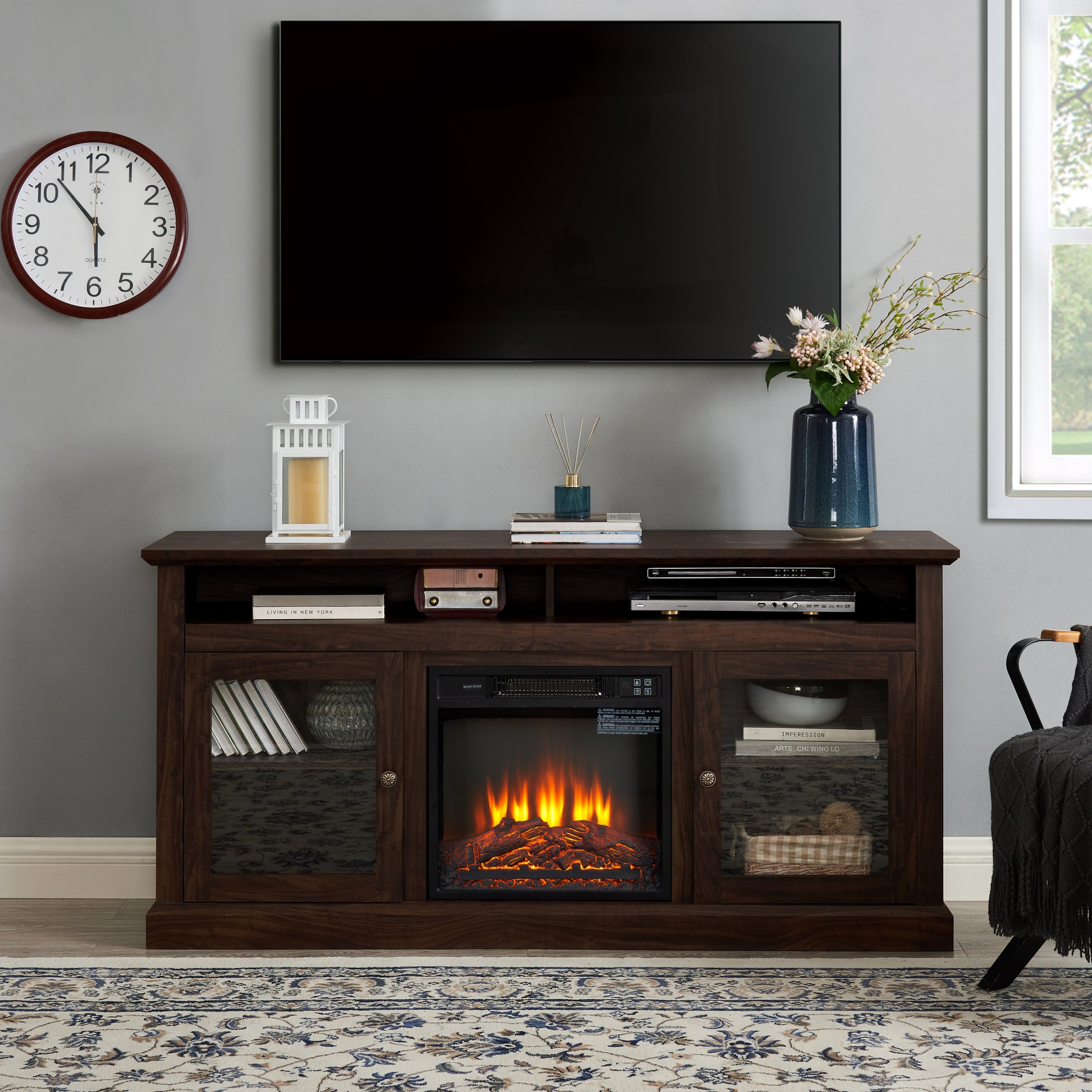 Contemporary Tv Media Stand Modern Entertainment Console With 18" Fireplace Insert For Tv Up To 65" With Open And Closed Storage Space, Brown, 60"W*15.75"D*29"H Brown Primary Living Space 60 69 Inches 60 69 Inches American Traditional 65 Inches Mdf