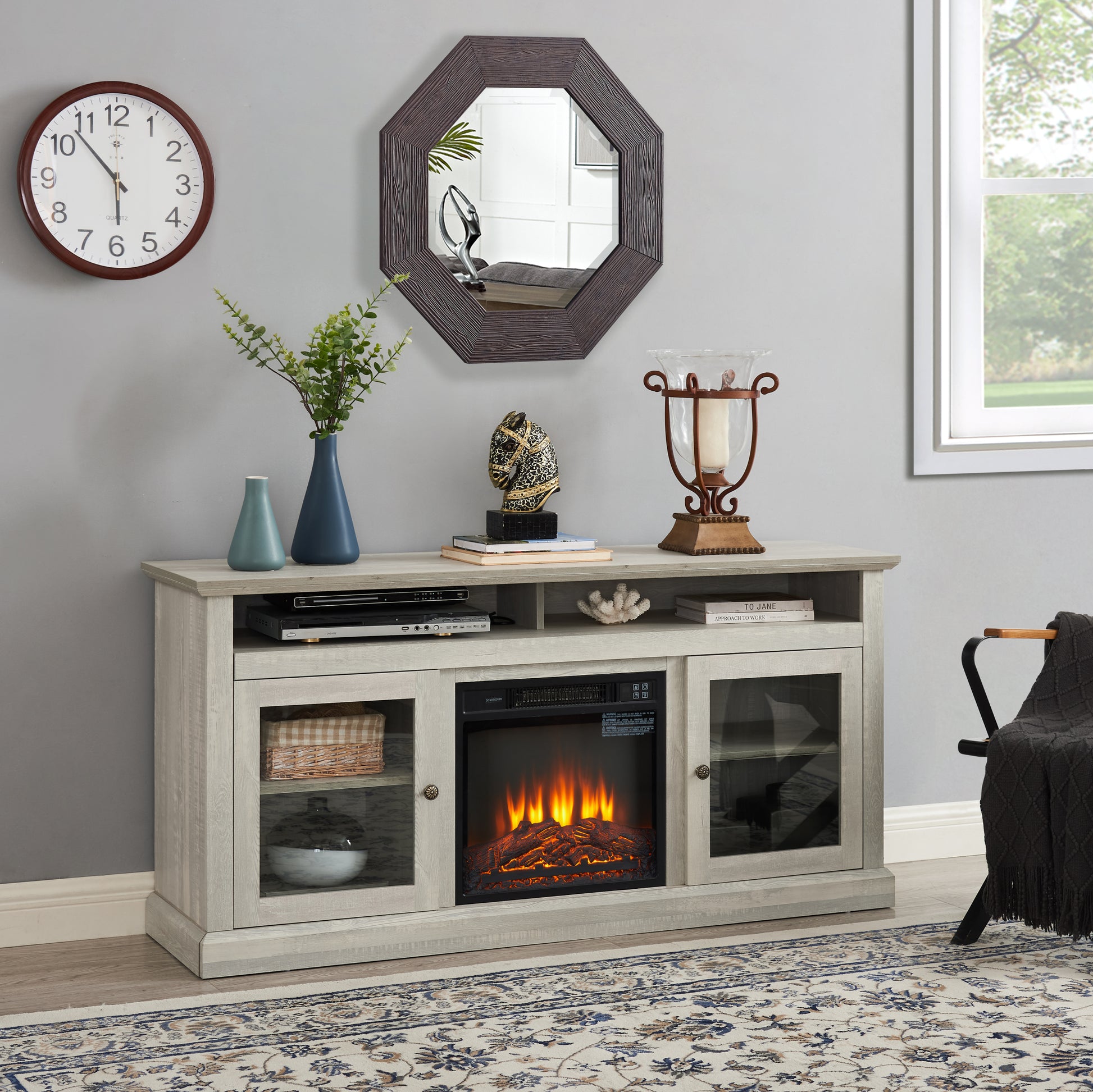 Contemporary Tv Media Stand Modern Entertainment Console With 18" Fireplace Insert For Tv Up To 65" With Open And Closed Storage Space, Stone Gray, 60"W*15.75"D*29"H Stone Gray Primary Living Space 60 69 Inches 60 69 Inches American Traditional 65 Inches